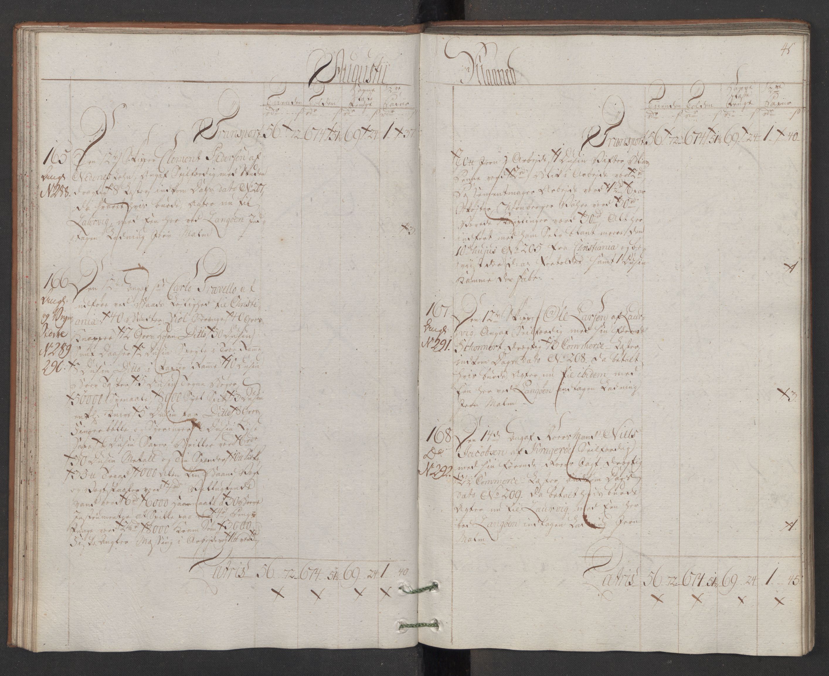 Generaltollkammeret, tollregnskaper, AV/RA-EA-5490/R13/L0078/0001: Tollregnskaper Kragerø / Utgående hovedtollbok, 1786, p. 44b-45a