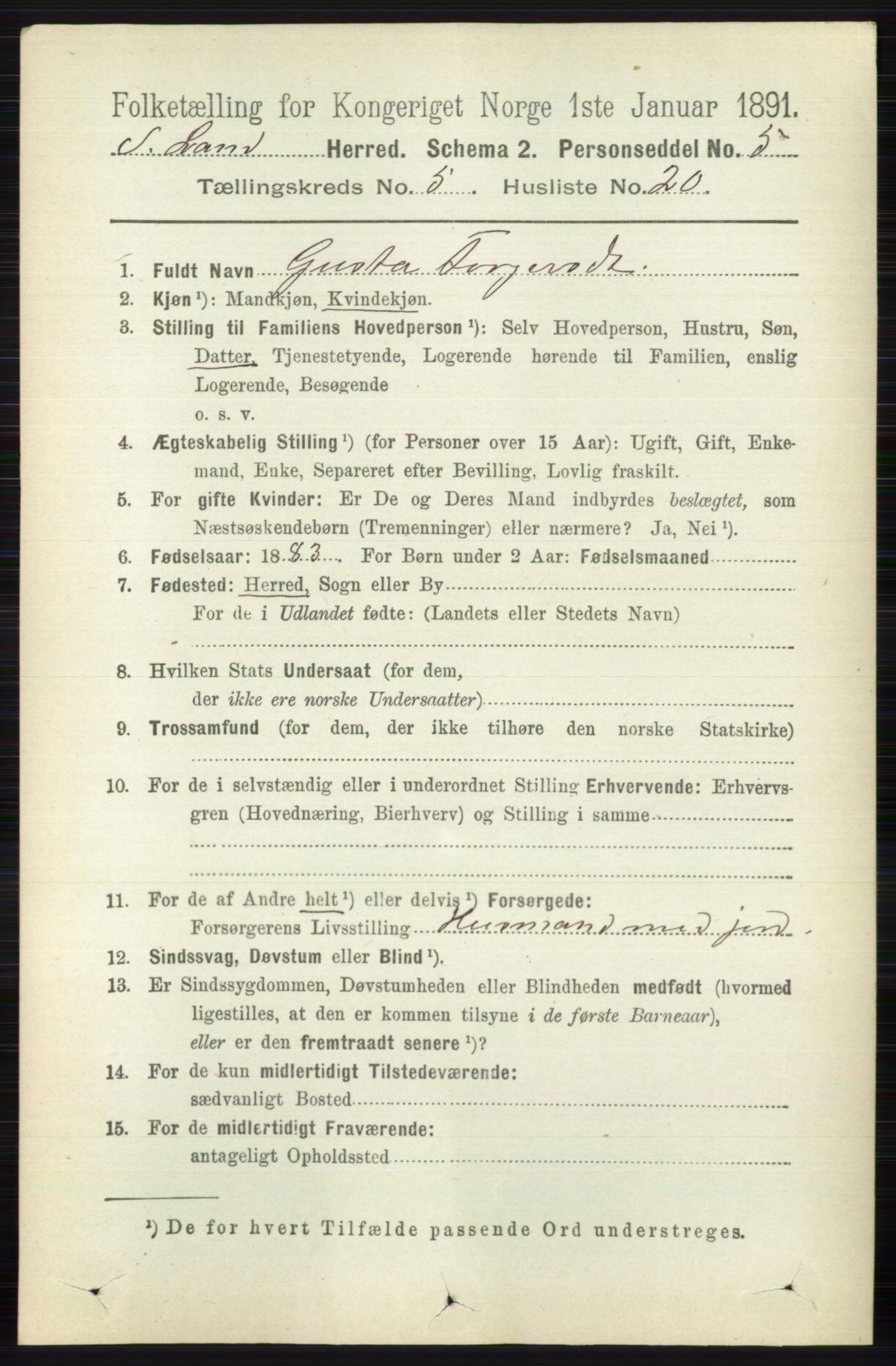 RA, 1891 census for 0536 Søndre Land, 1891, p. 4917
