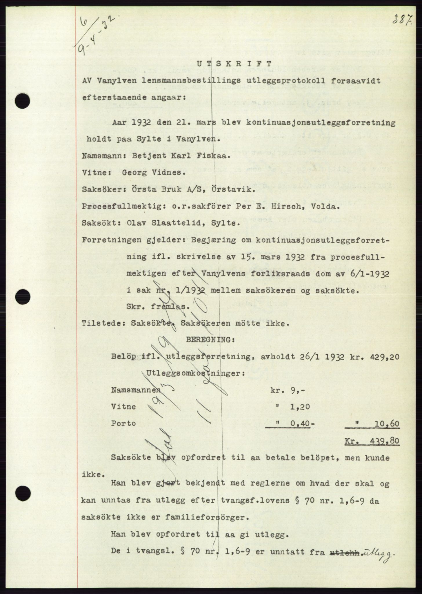 Søre Sunnmøre sorenskriveri, AV/SAT-A-4122/1/2/2C/L0053: Mortgage book no. 47, 1931-1932, Deed date: 09.04.1932