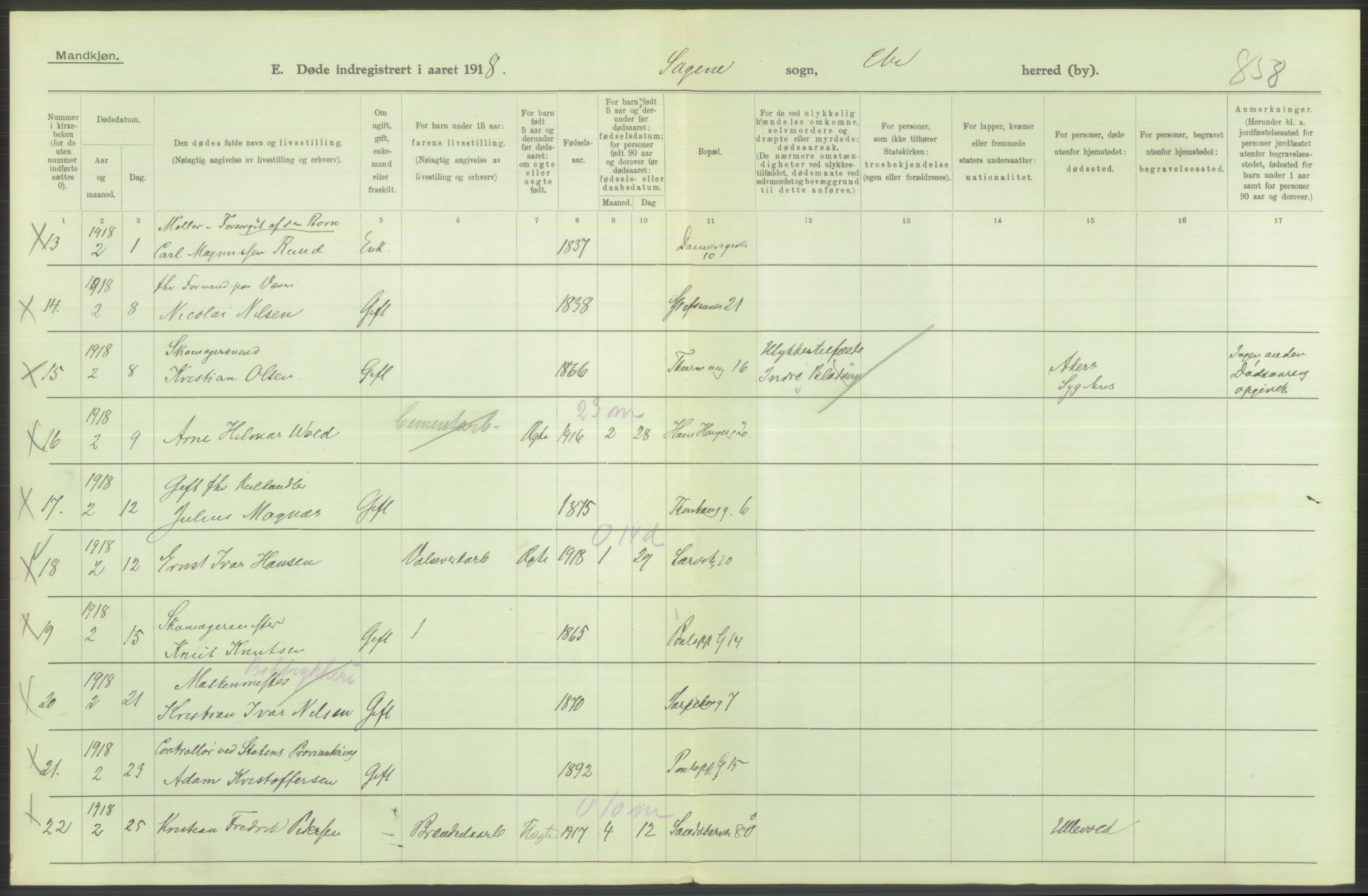 Statistisk sentralbyrå, Sosiodemografiske emner, Befolkning, RA/S-2228/D/Df/Dfb/Dfbh/L0010: Kristiania: Døde, 1918, p. 480