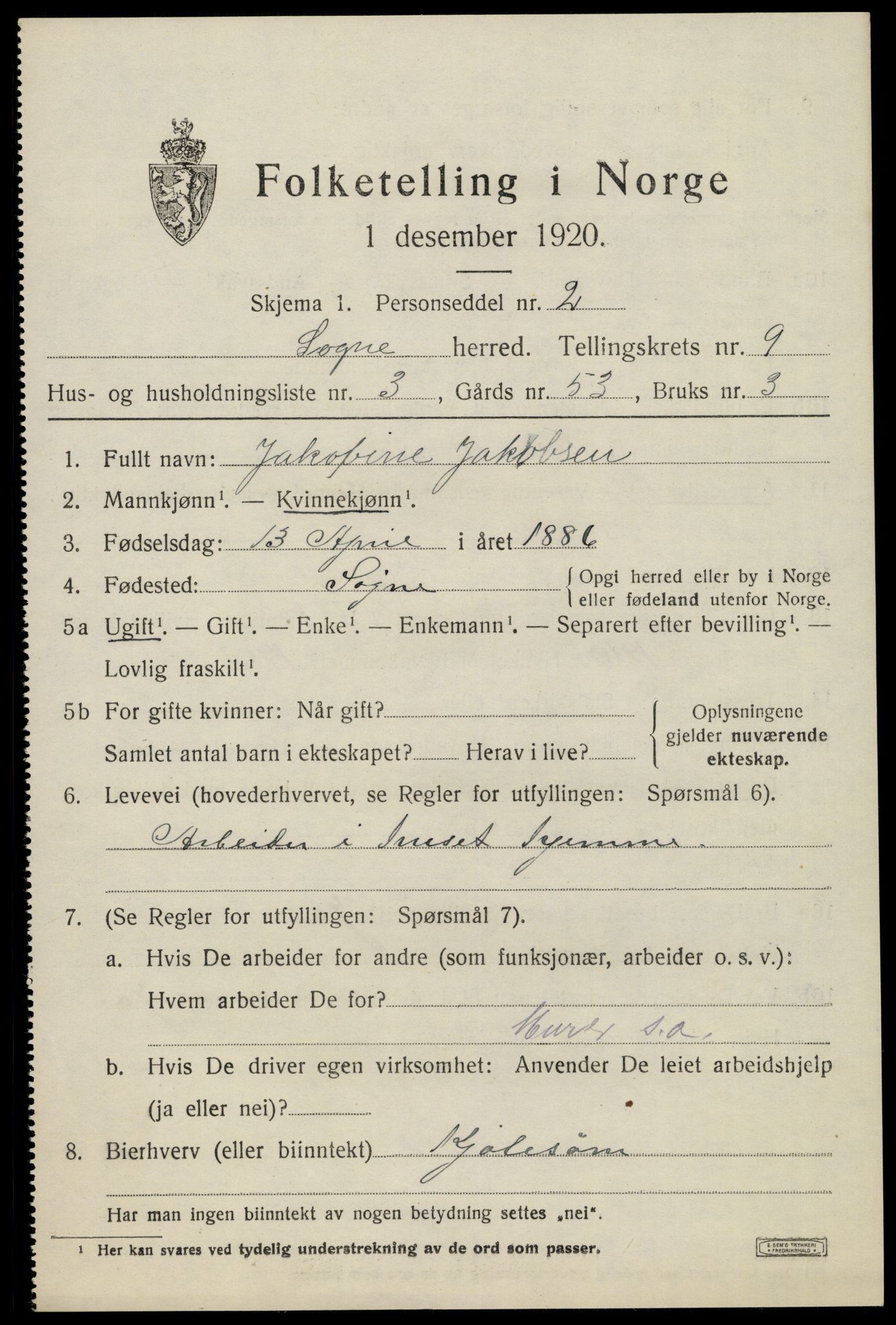 SAK, 1920 census for Søgne, 1920, p. 5321