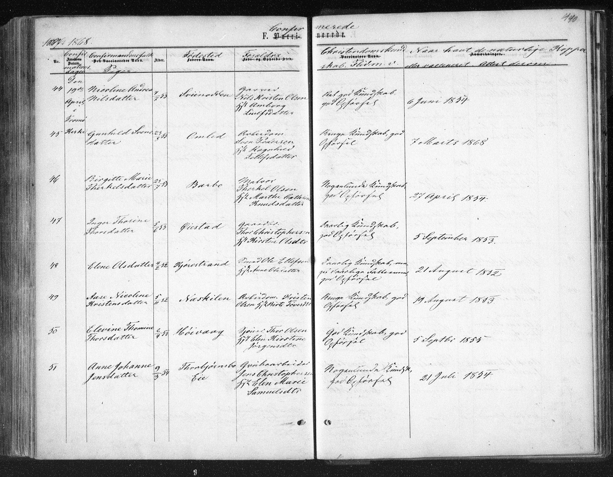 Tromøy sokneprestkontor, AV/SAK-1111-0041/F/Fa/L0007: Parish register (official) no. A 7, 1864-1869, p. 440