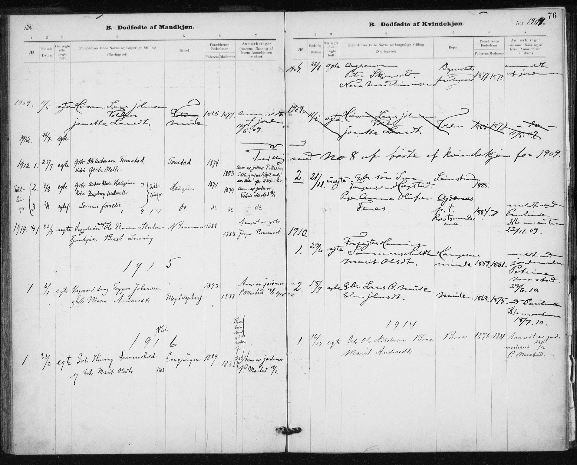 Ministerialprotokoller, klokkerbøker og fødselsregistre - Sør-Trøndelag, SAT/A-1456/612/L0381: Parish register (official) no. 612A13, 1907-1923, p. 76