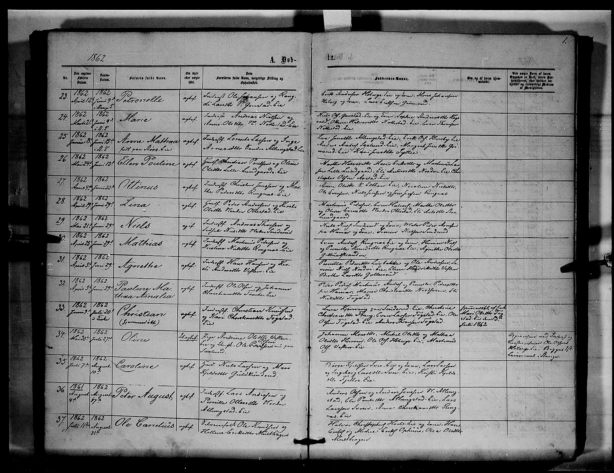 Stange prestekontor, AV/SAH-PREST-002/K/L0015: Parish register (official) no. 15, 1862-1879, p. 1