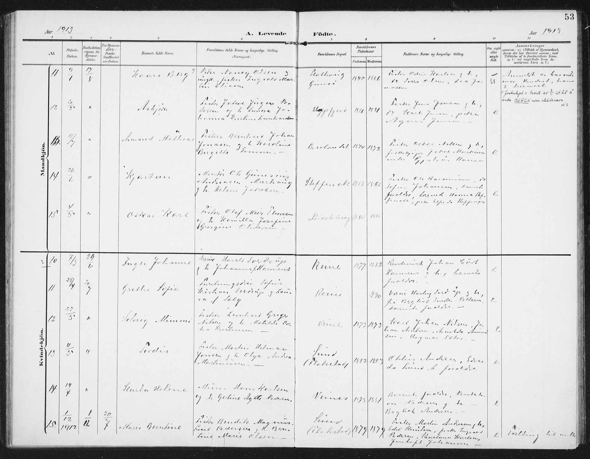 Ministerialprotokoller, klokkerbøker og fødselsregistre - Nordland, AV/SAT-A-1459/886/L1221: Parish register (official) no. 886A03, 1903-1913, p. 53