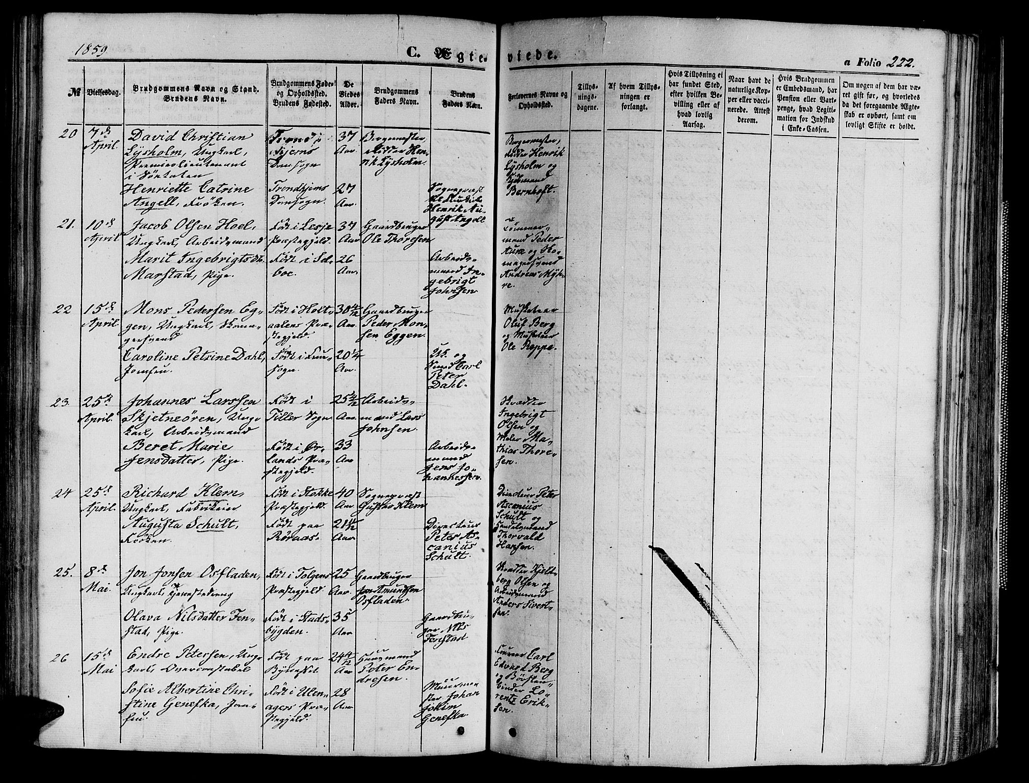 Ministerialprotokoller, klokkerbøker og fødselsregistre - Sør-Trøndelag, AV/SAT-A-1456/602/L0139: Parish register (copy) no. 602C07, 1859-1864, p. 222