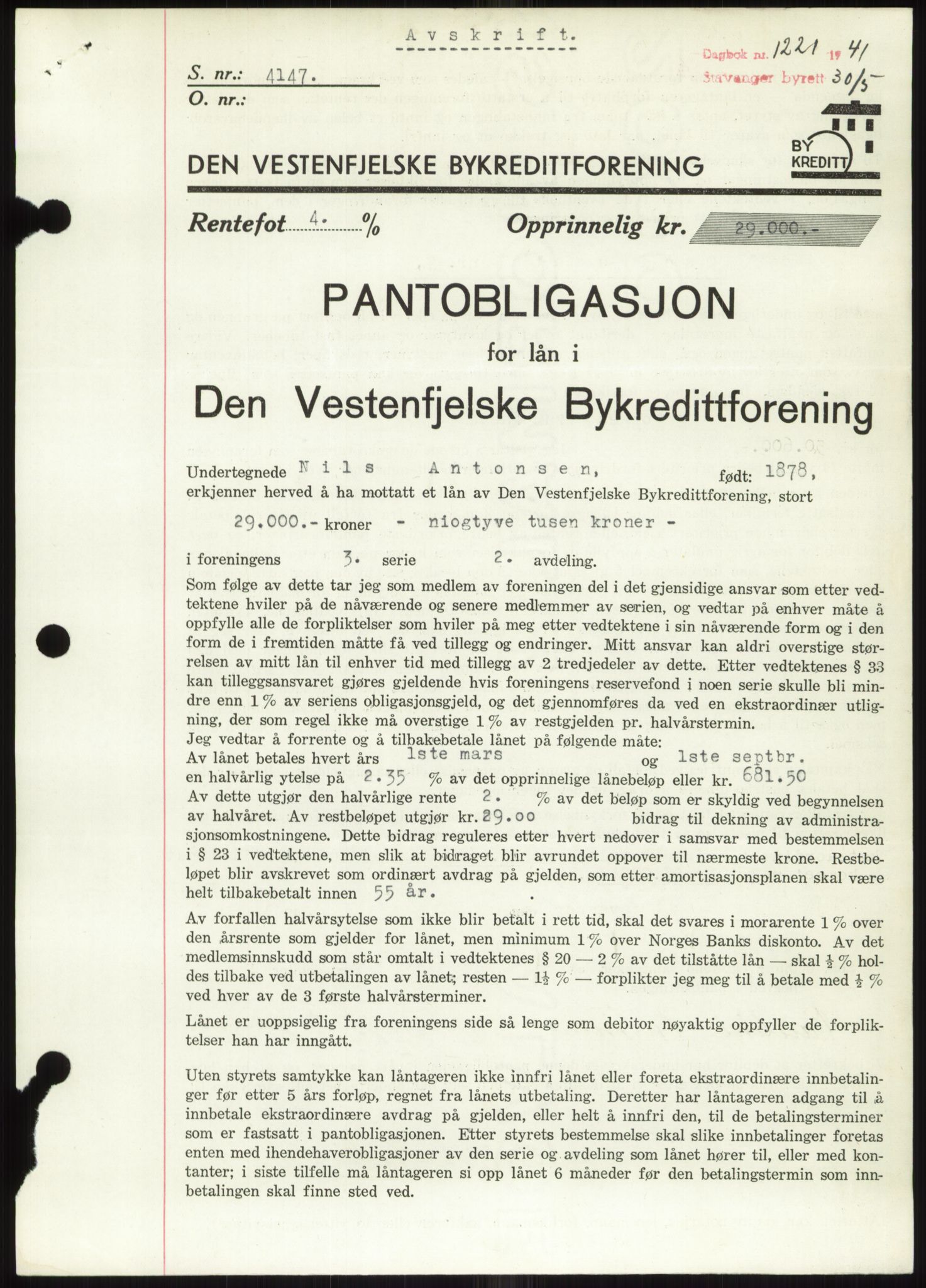 Stavanger byrett, SAST/A-100455/002/G/Gb/L0033: Mortgage book, 1936-1950, Diary no: : 1221/1941