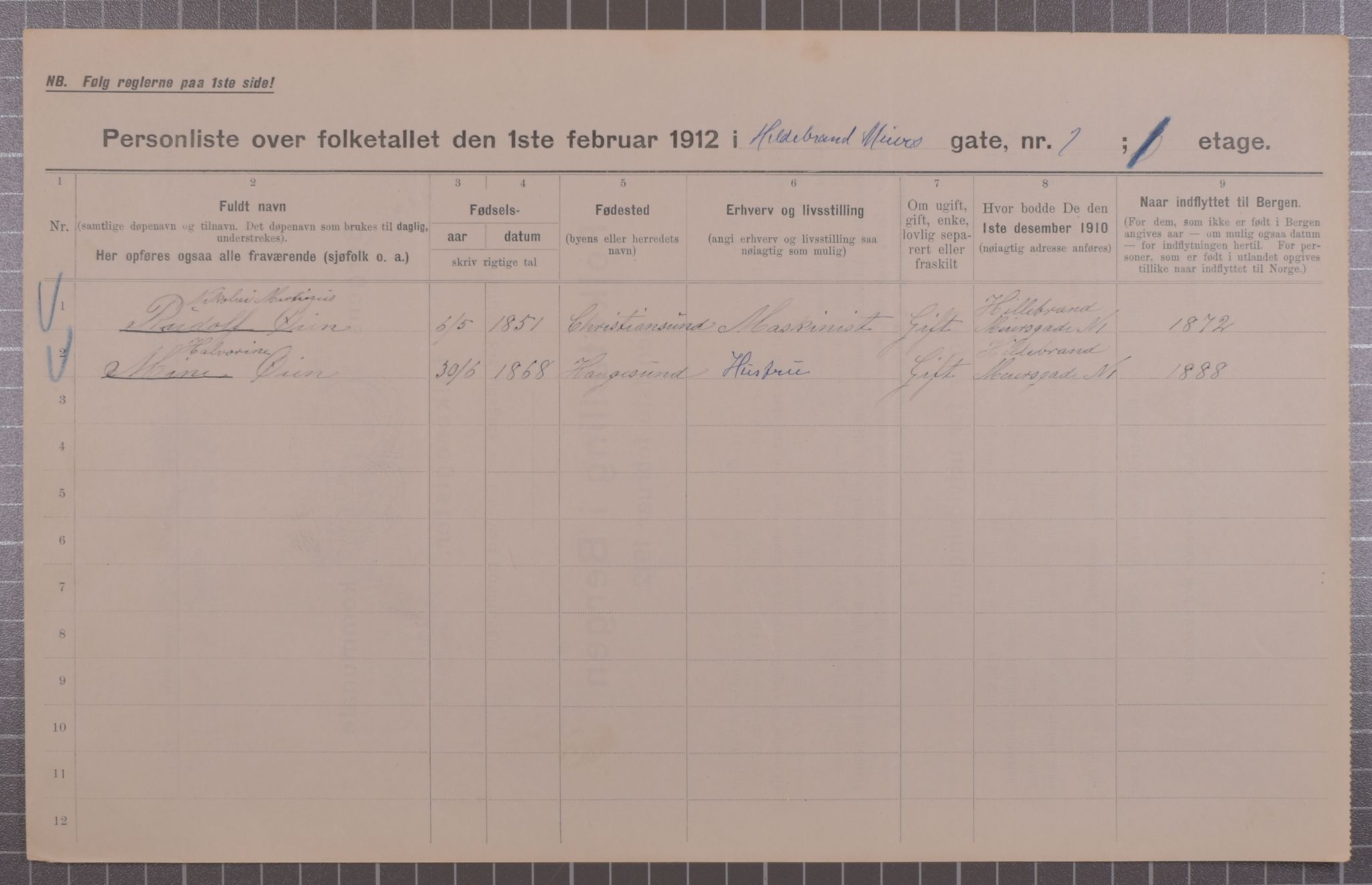 SAB, Municipal Census 1912 for Bergen, 1912, p. 3039