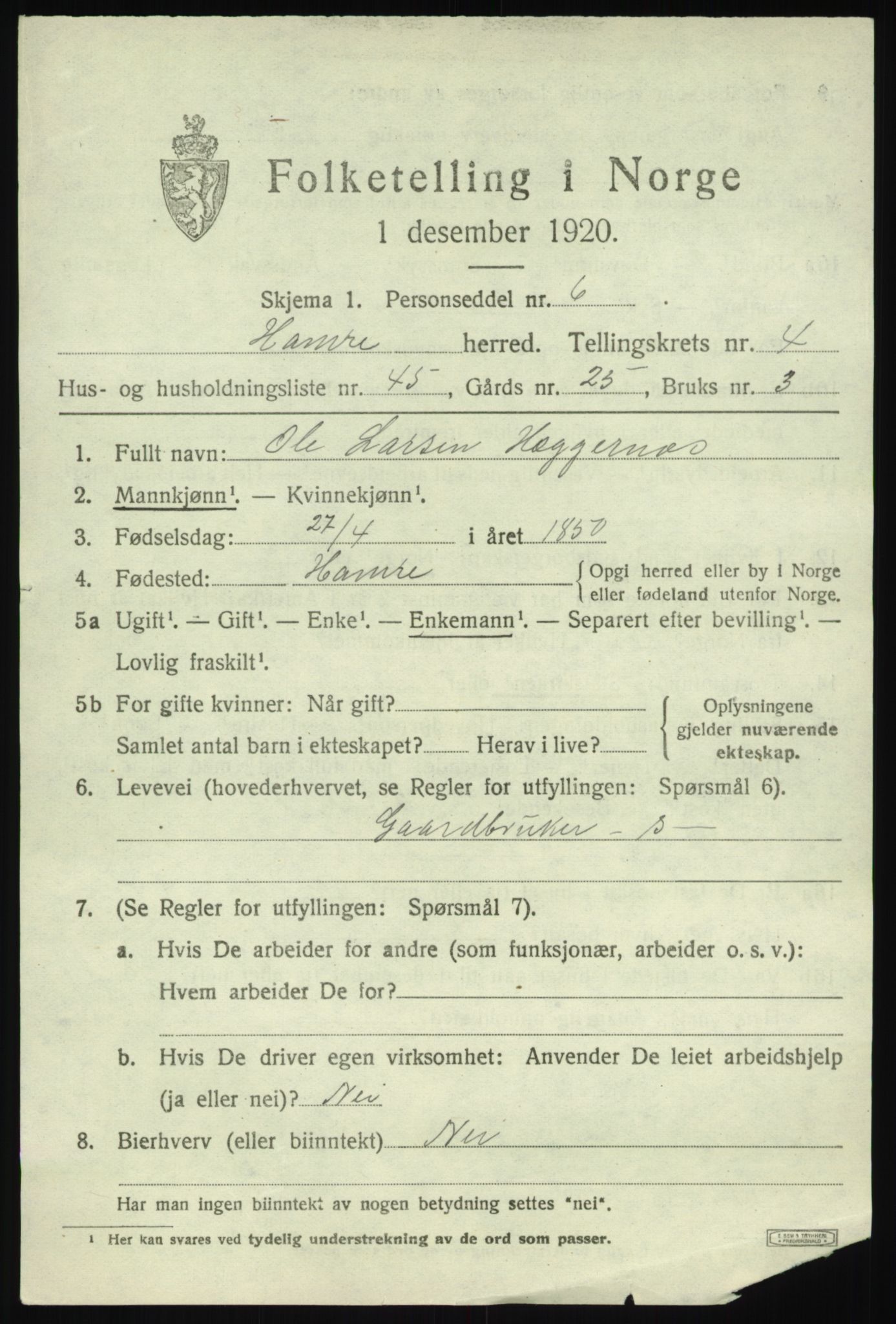 SAB, 1920 census for Hamre, 1920, p. 2861