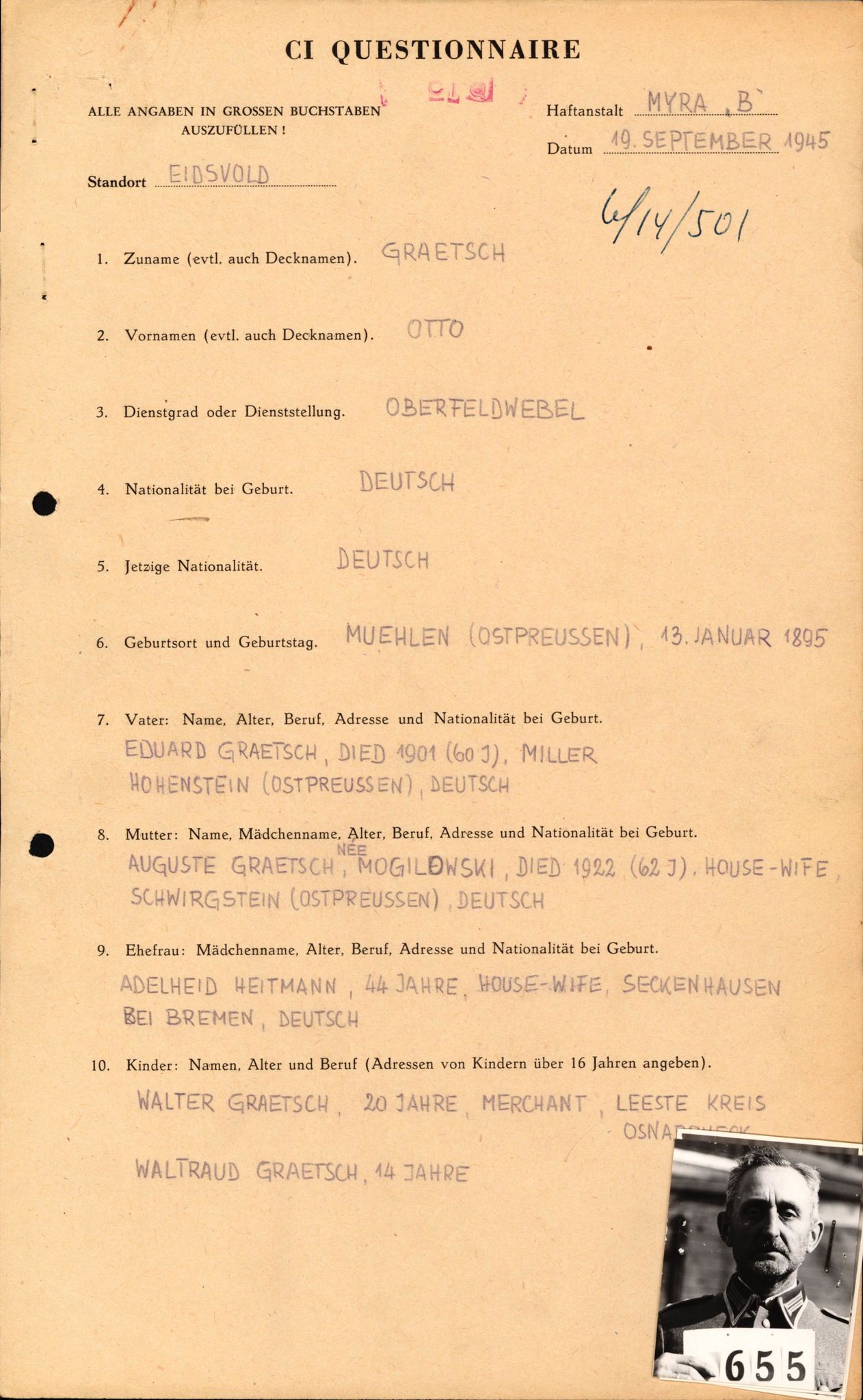 Forsvaret, Forsvarets overkommando II, RA/RAFA-3915/D/Db/L0010: CI Questionaires. Tyske okkupasjonsstyrker i Norge. Tyskere., 1945-1946, p. 105