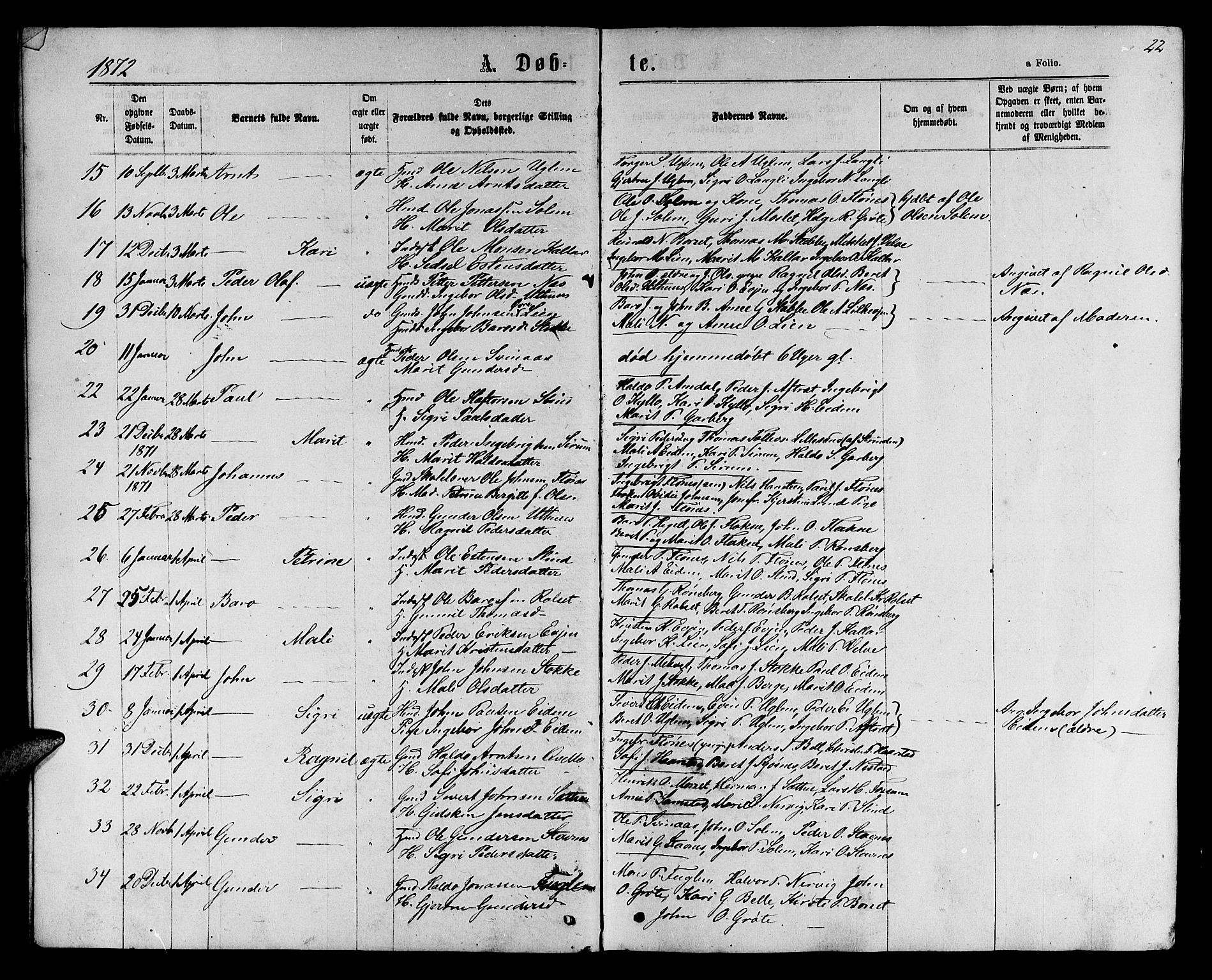 Ministerialprotokoller, klokkerbøker og fødselsregistre - Sør-Trøndelag, SAT/A-1456/695/L1156: Parish register (copy) no. 695C07, 1869-1888, p. 22