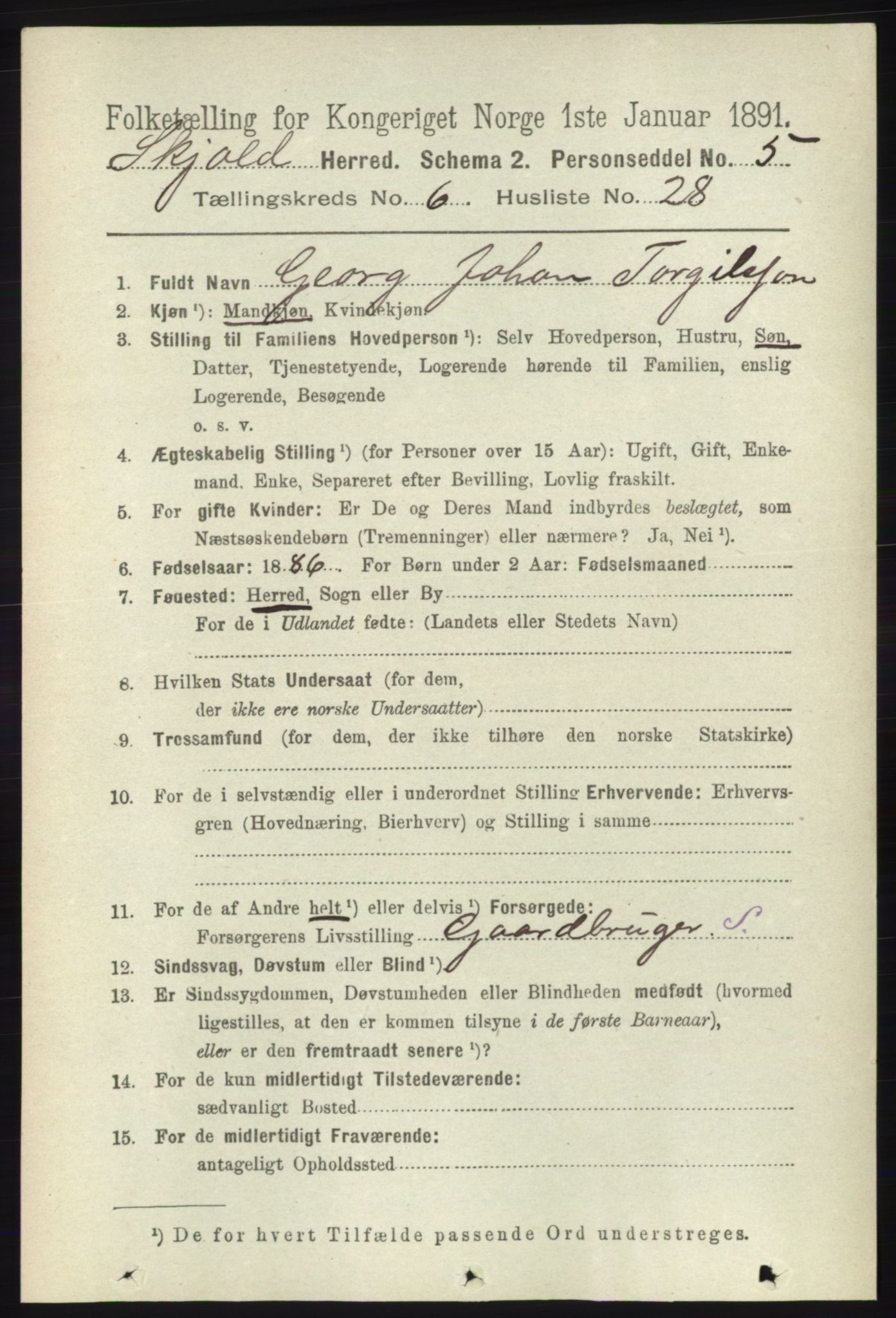 RA, 1891 census for 1154 Skjold, 1891, p. 1157