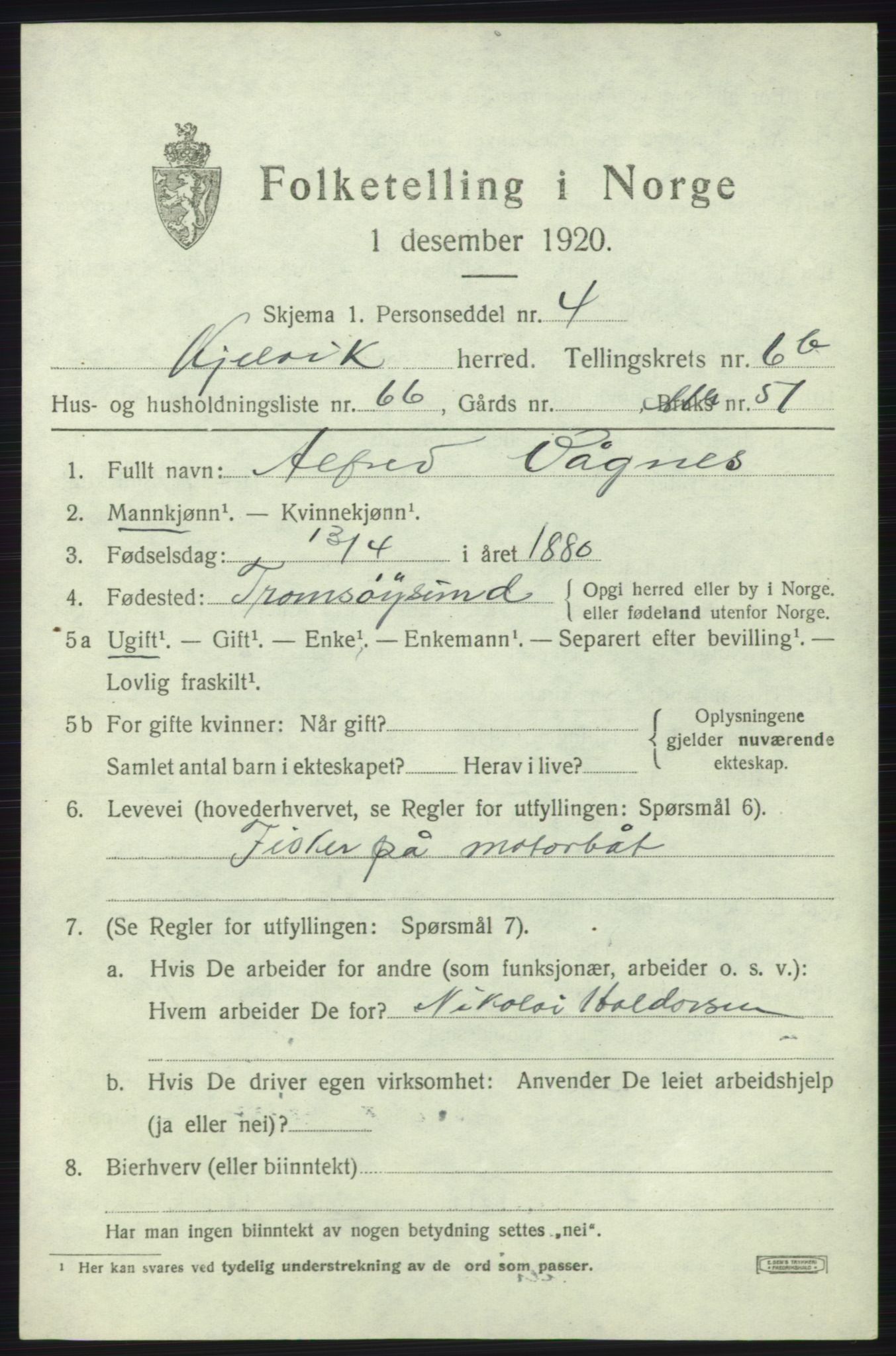 SATØ, 1920 census for Kjelvik, 1920, p. 4309
