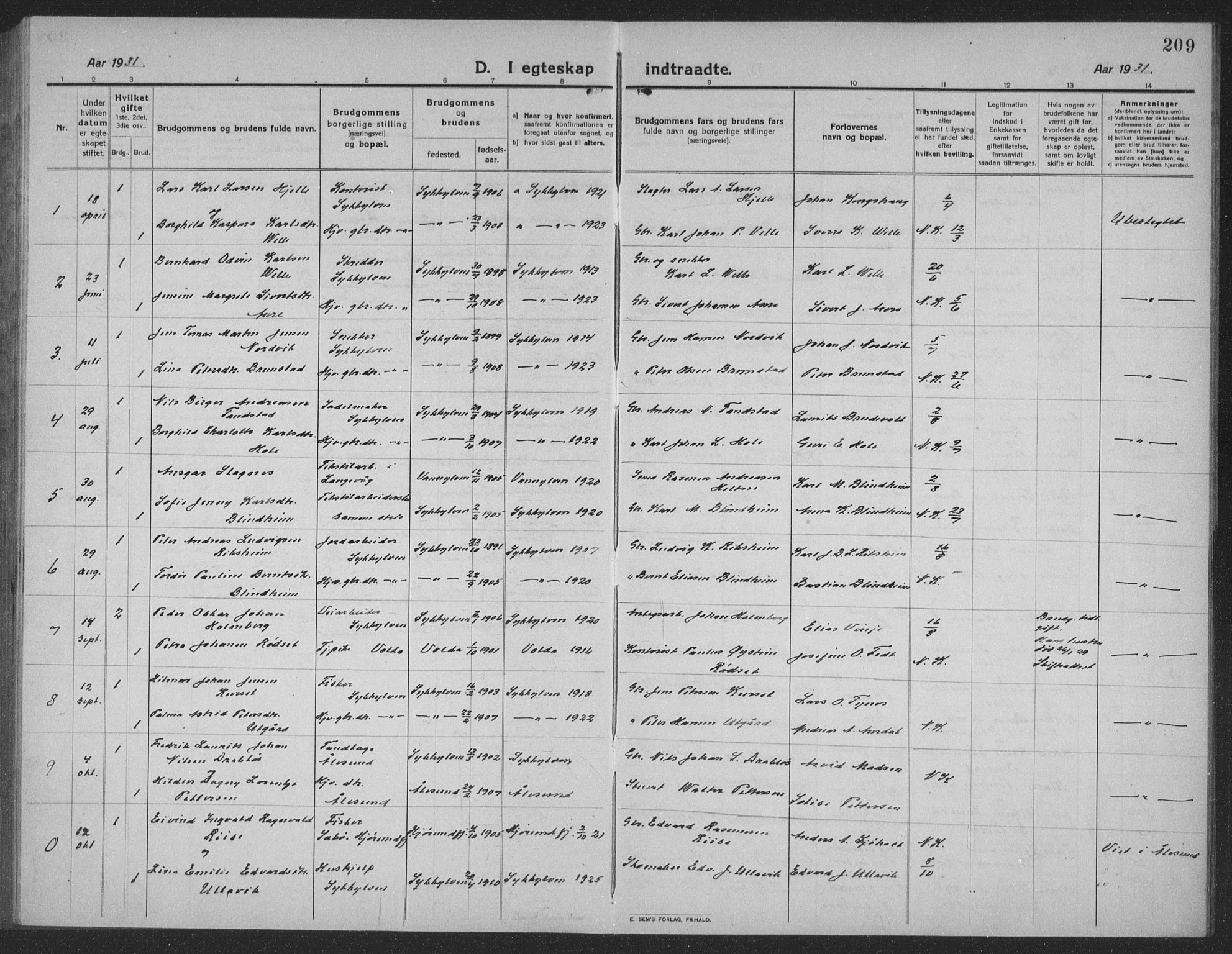 Ministerialprotokoller, klokkerbøker og fødselsregistre - Møre og Romsdal, AV/SAT-A-1454/523/L0342: Parish register (copy) no. 523C05, 1916-1937, p. 209