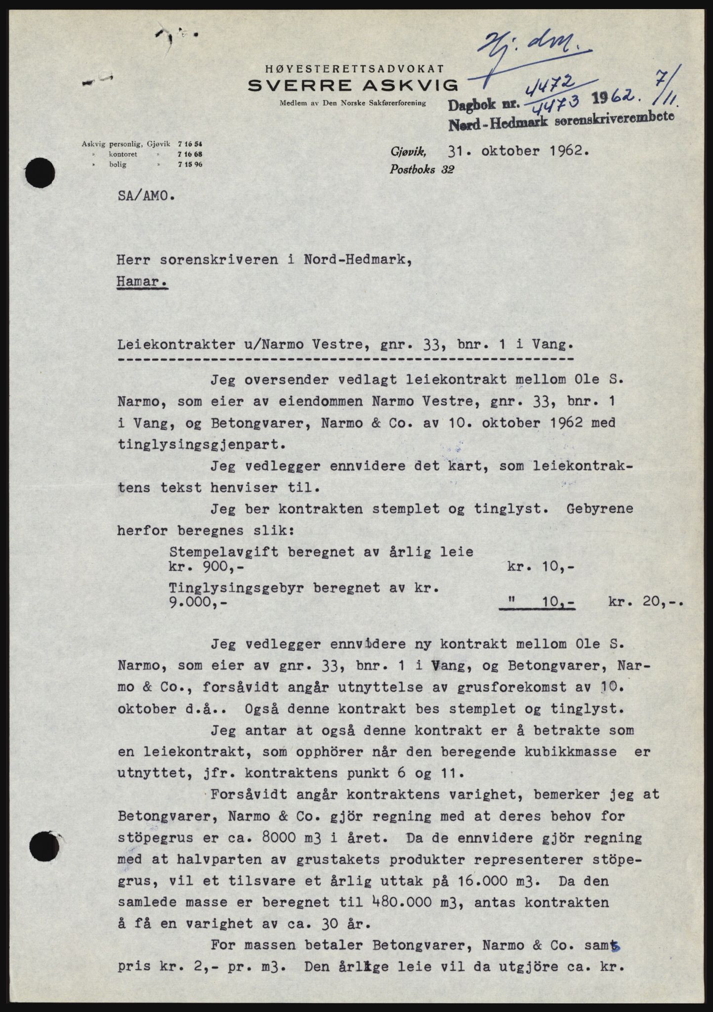 Nord-Hedmark sorenskriveri, SAH/TING-012/H/Hc/L0017: Mortgage book no. 17, 1962-1963, Diary no: : 4472/1962