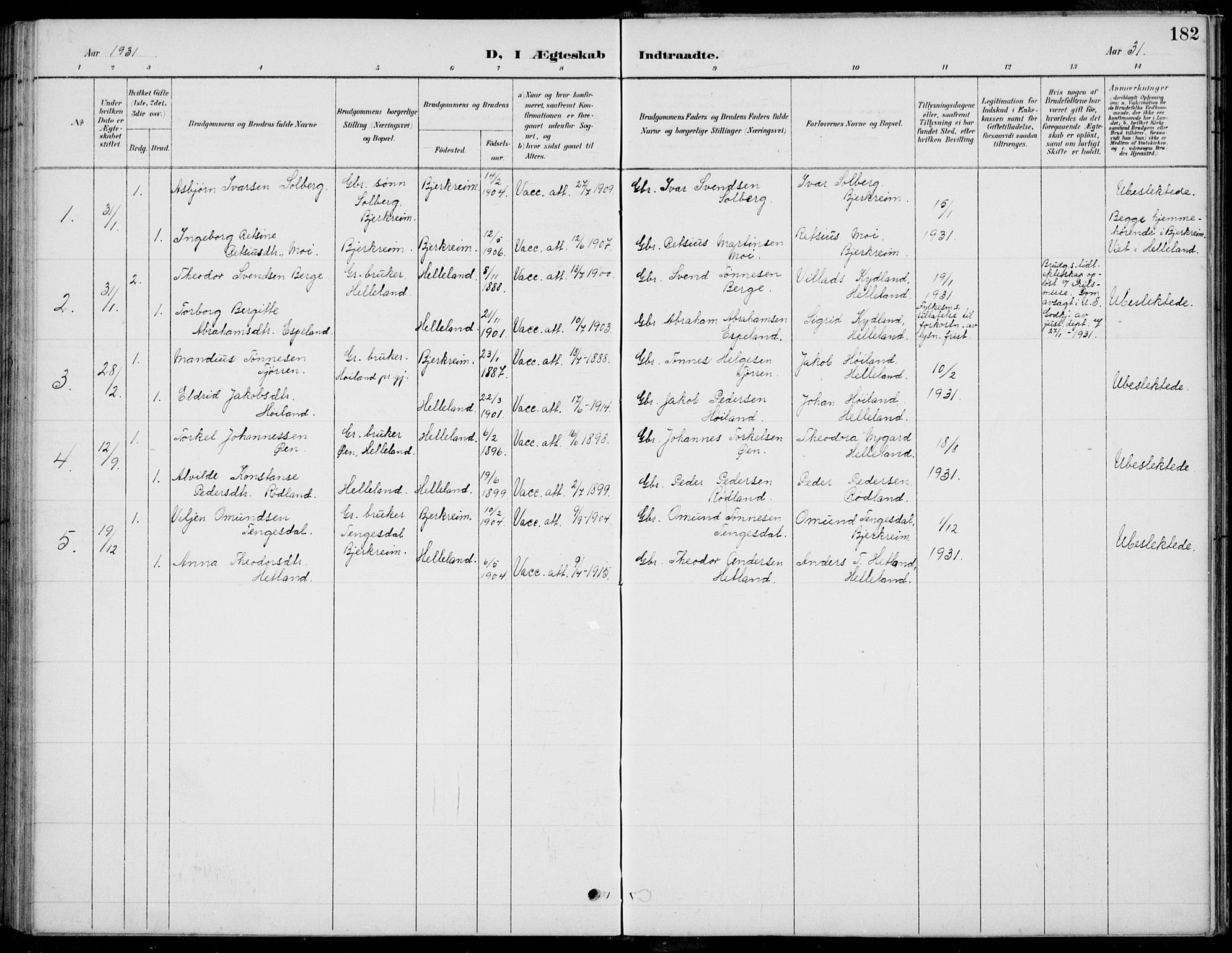 Helleland sokneprestkontor, AV/SAST-A-101810: Parish register (copy) no. B 4, 1887-1941, p. 182