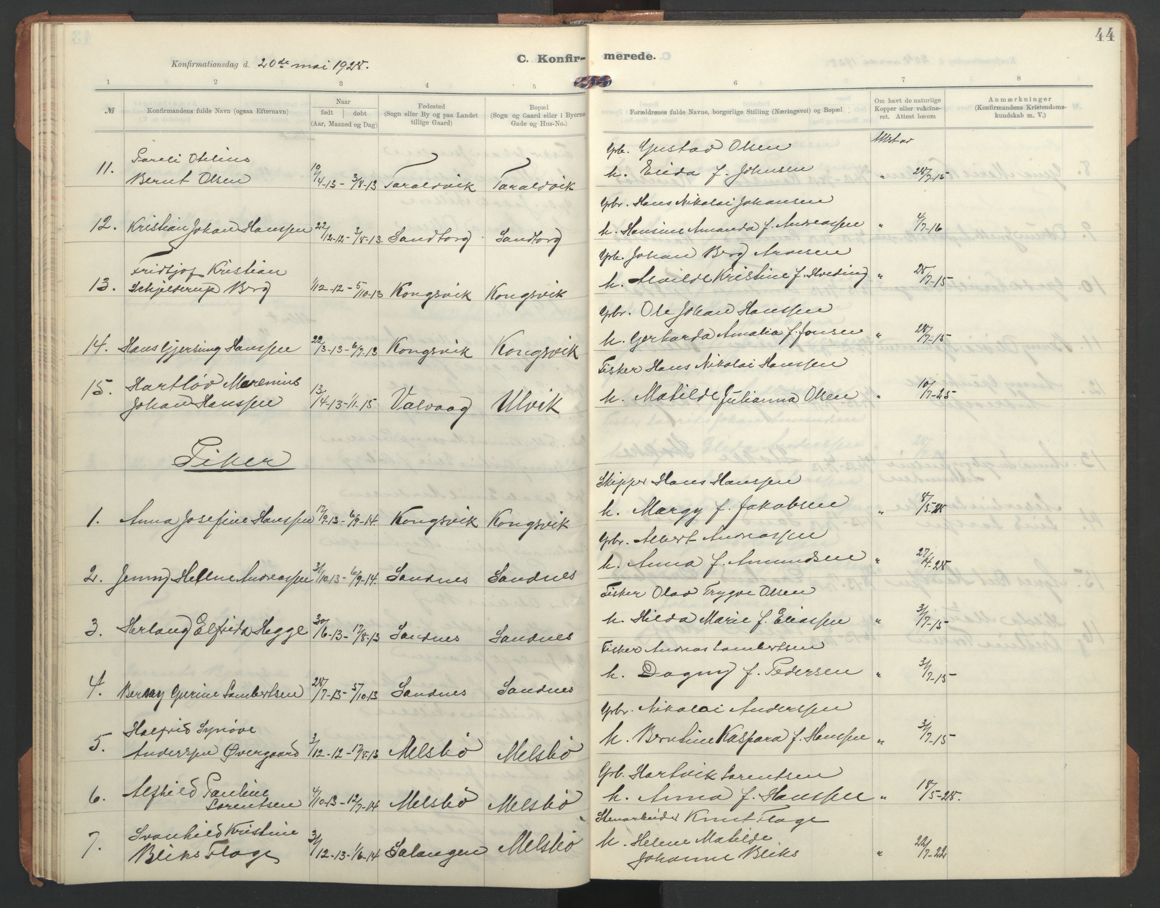 Ministerialprotokoller, klokkerbøker og fødselsregistre - Nordland, AV/SAT-A-1459/865/L0934: Parish register (copy) no. 865C06, 1911-1942, p. 44