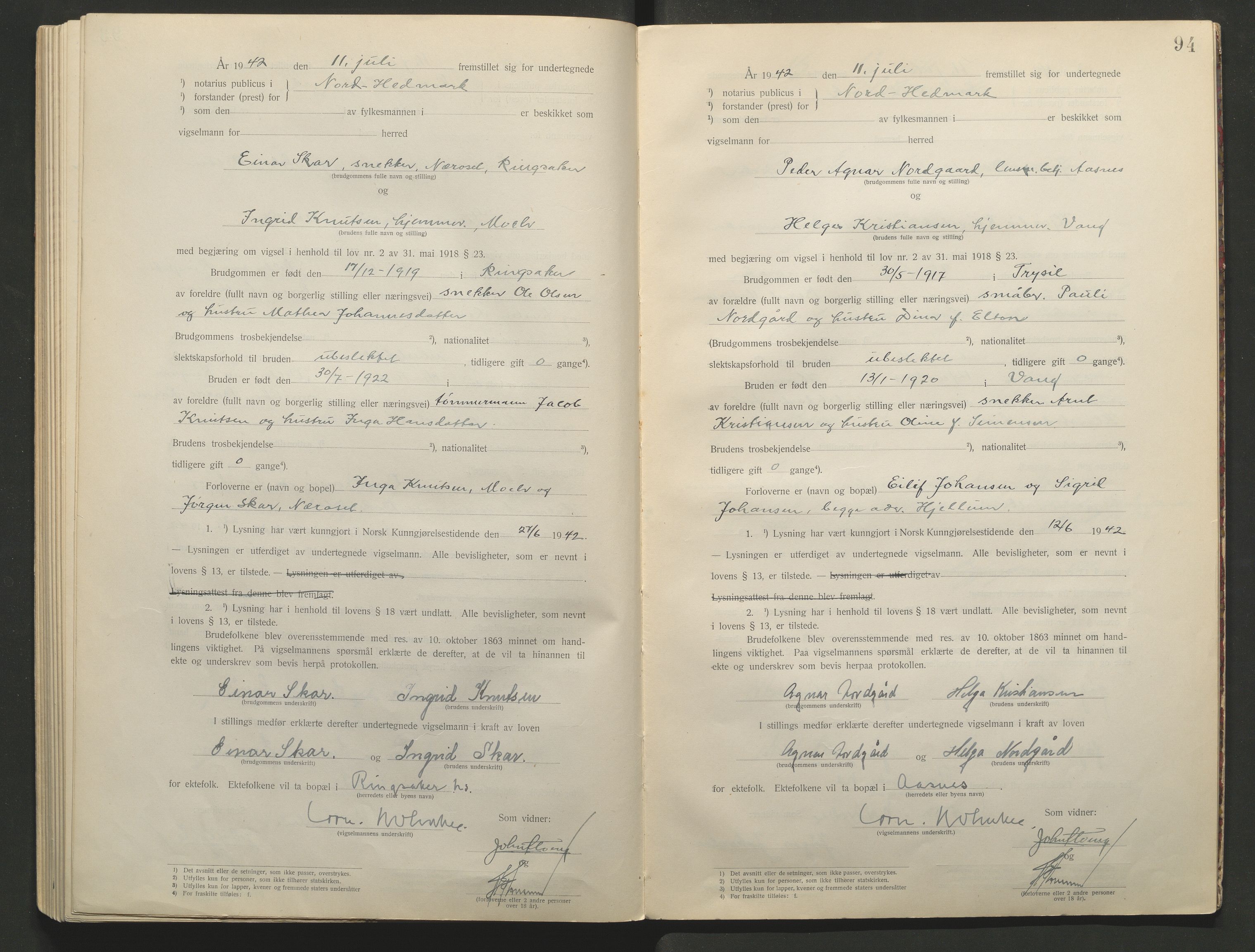 Nord-Hedmark sorenskriveri, AV/SAH-TING-012/L/Lc/L0001/0001: Vigselsprotokoller / Vigselsprotokoll, 1920-1942, p. 94