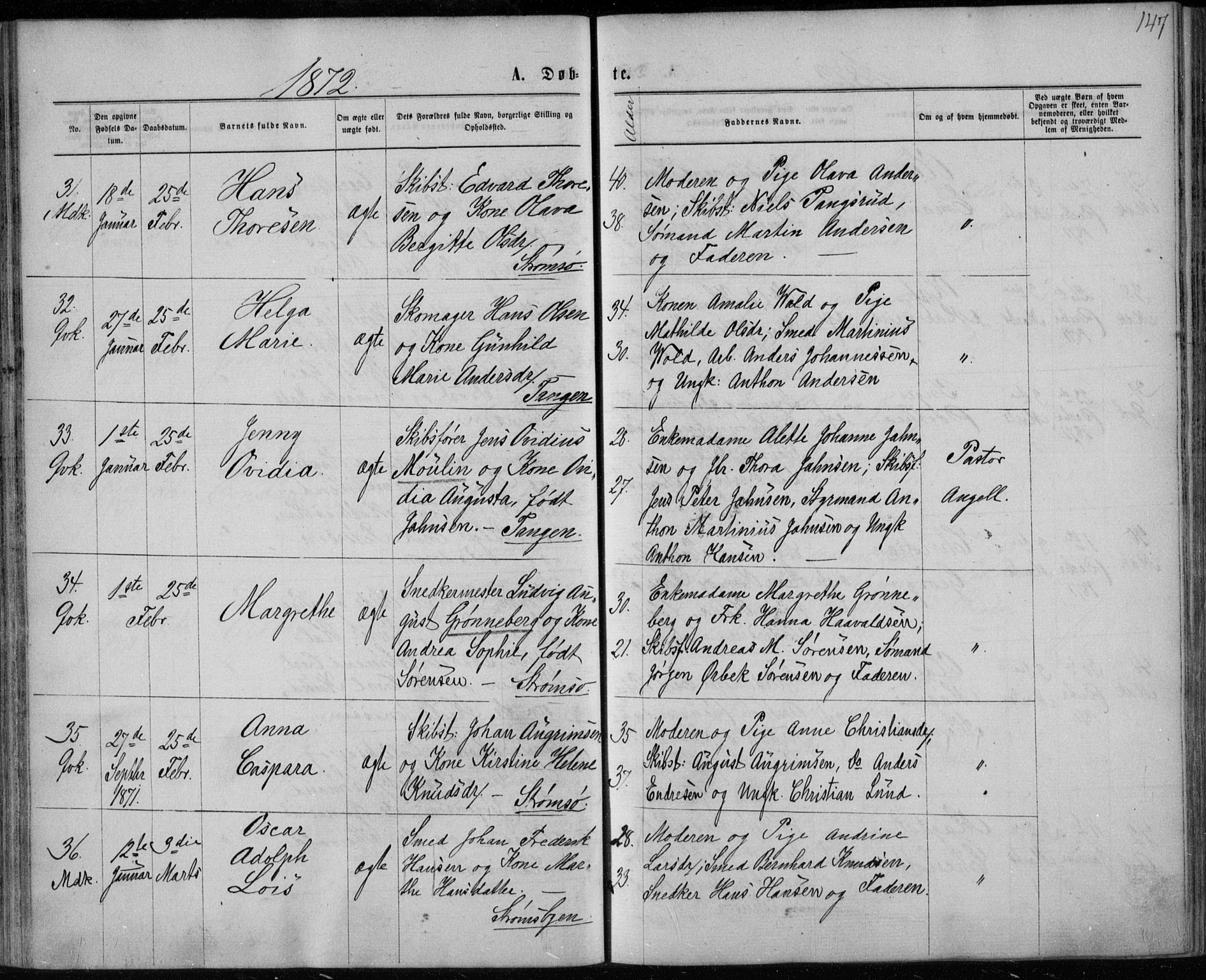 Strømsø kirkebøker, AV/SAKO-A-246/F/Fa/L0016: Parish register (official) no. I 16, 1868-1873, p. 147