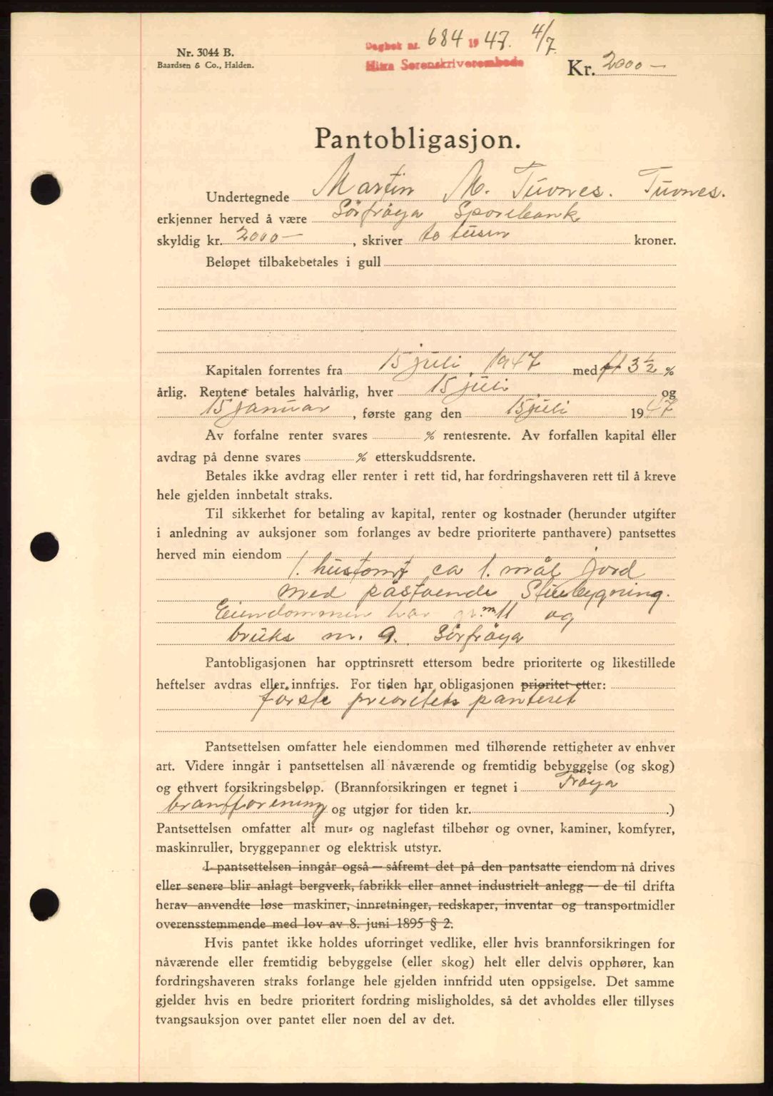 Hitra sorenskriveri, AV/SAT-A-0018/2/2C/2Ca: Mortgage book no. B1, 1939-1949, Diary no: : 684/1947