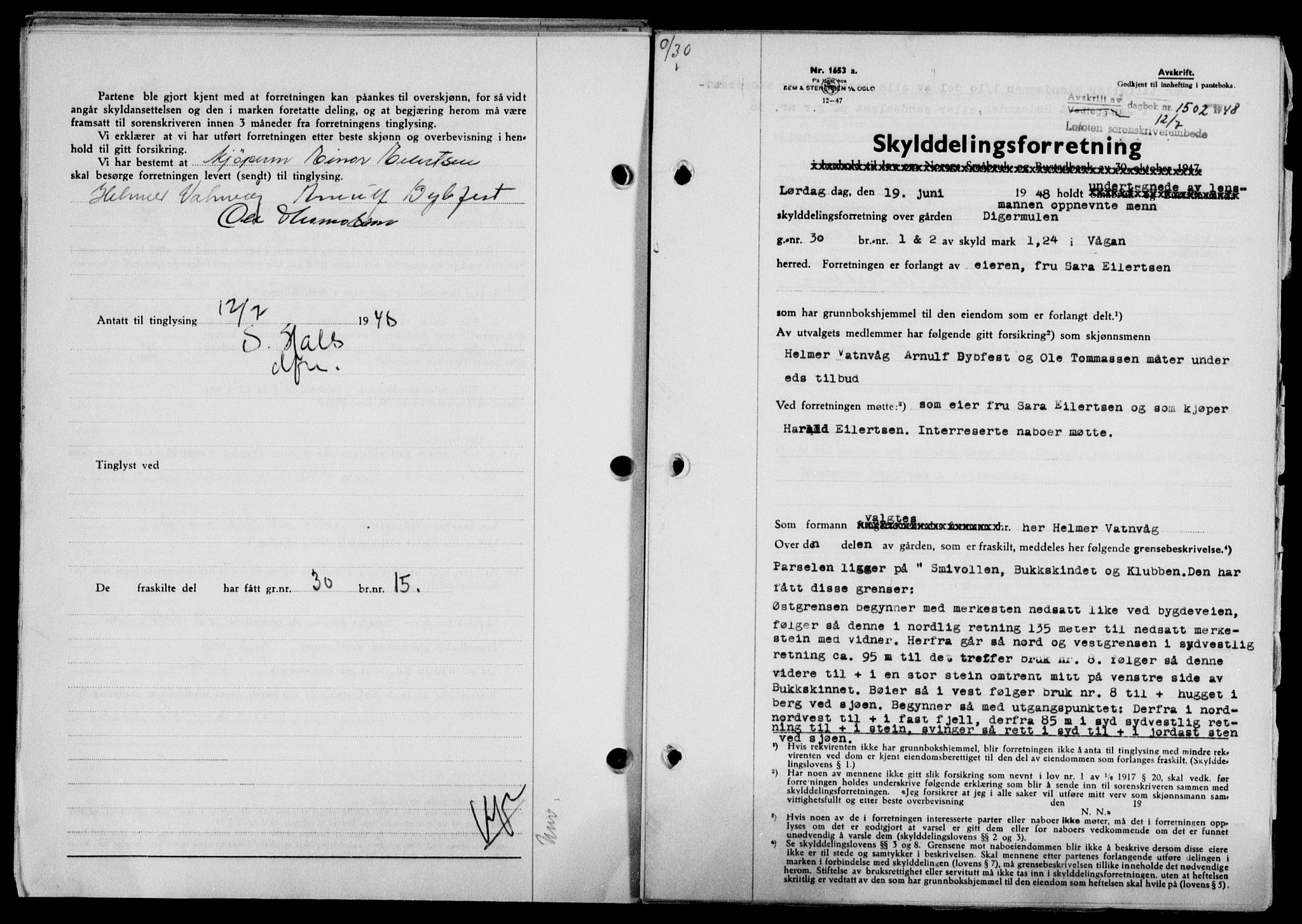 Lofoten sorenskriveri, SAT/A-0017/1/2/2C/L0018a: Mortgage book no. 18a, 1948-1948, Diary no: : 1502/1948