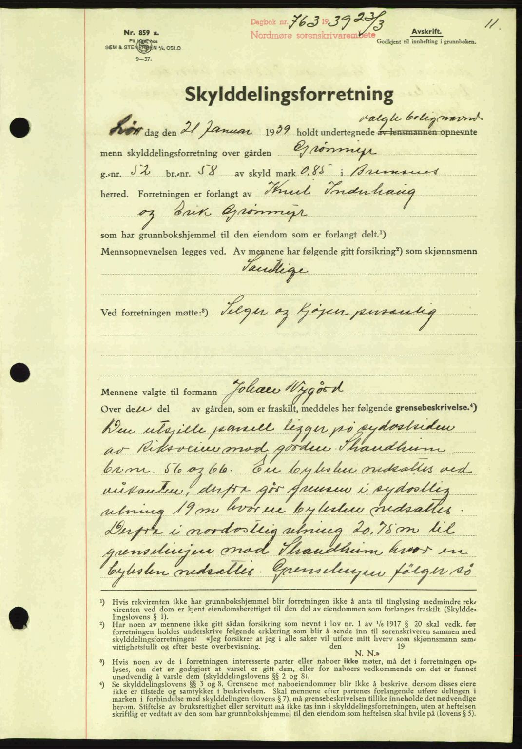Nordmøre sorenskriveri, SAT/A-4132/1/2/2Ca: Mortgage book no. A86, 1939-1939, Diary no: : 763/1939