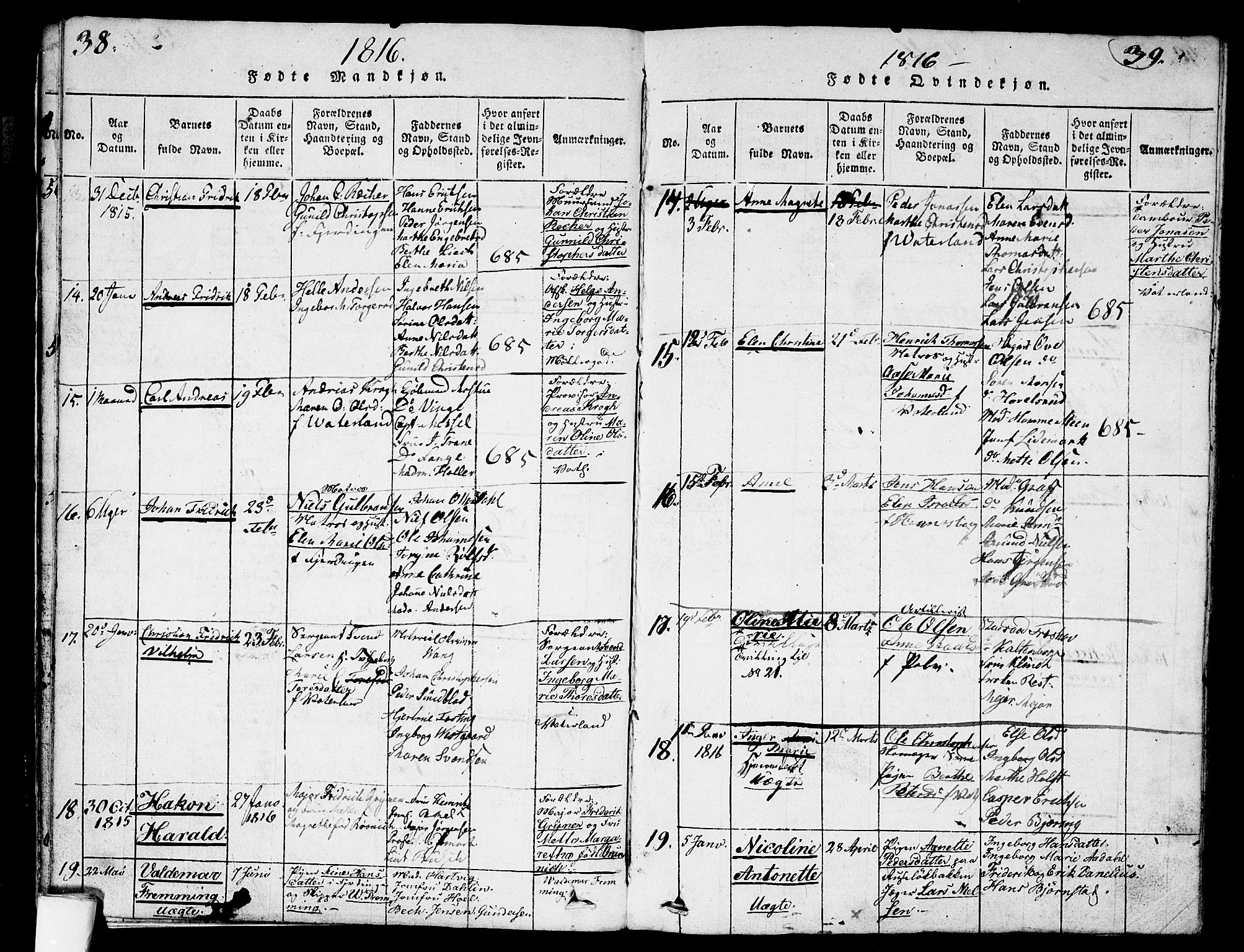 Garnisonsmenigheten Kirkebøker, AV/SAO-A-10846/G/Ga/L0003: Parish register (copy) no. 3, 1815-1819, p. 38-39