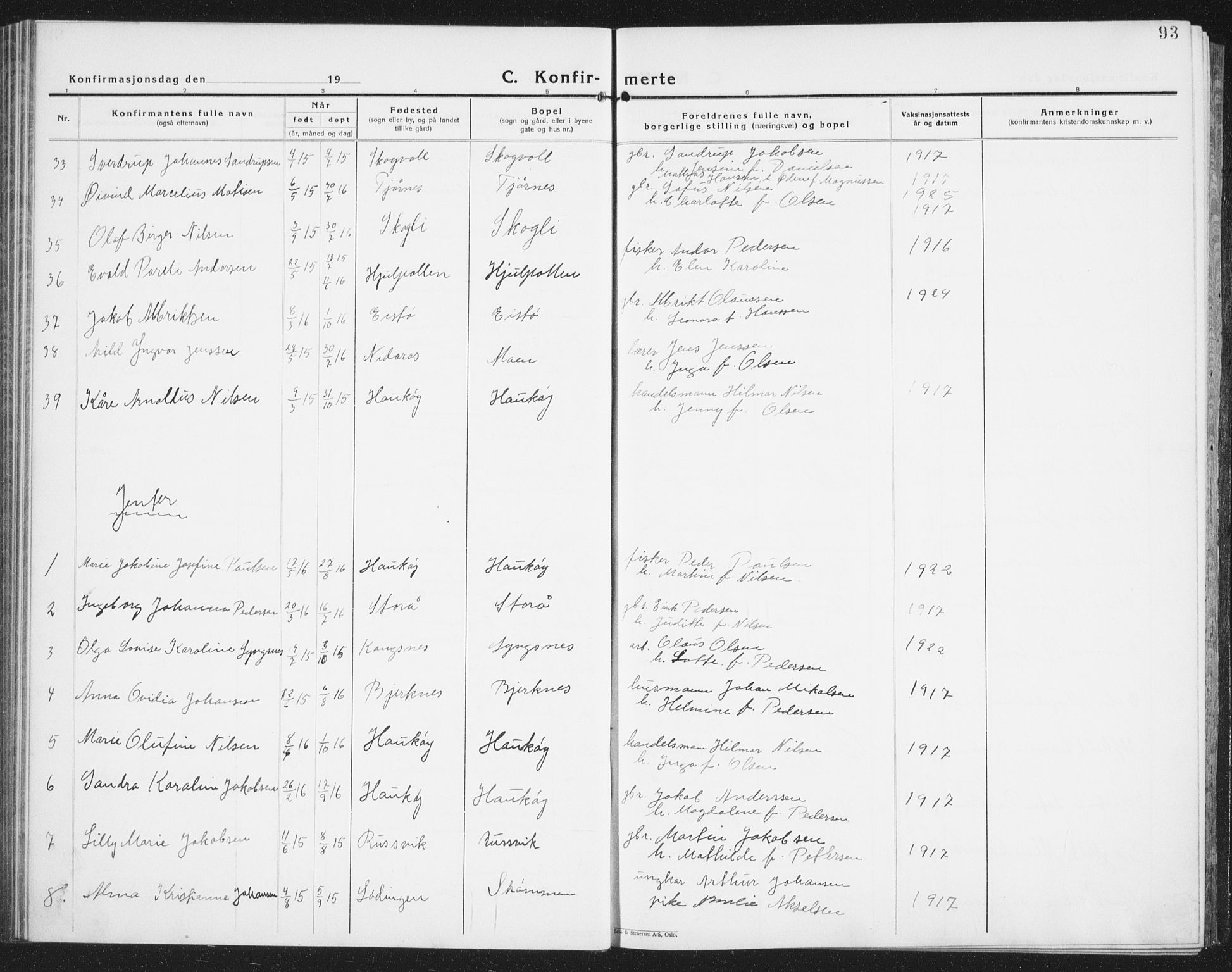 Ministerialprotokoller, klokkerbøker og fødselsregistre - Nordland, AV/SAT-A-1459/861/L0879: Parish register (copy) no. 861C05, 1926-1939, p. 93