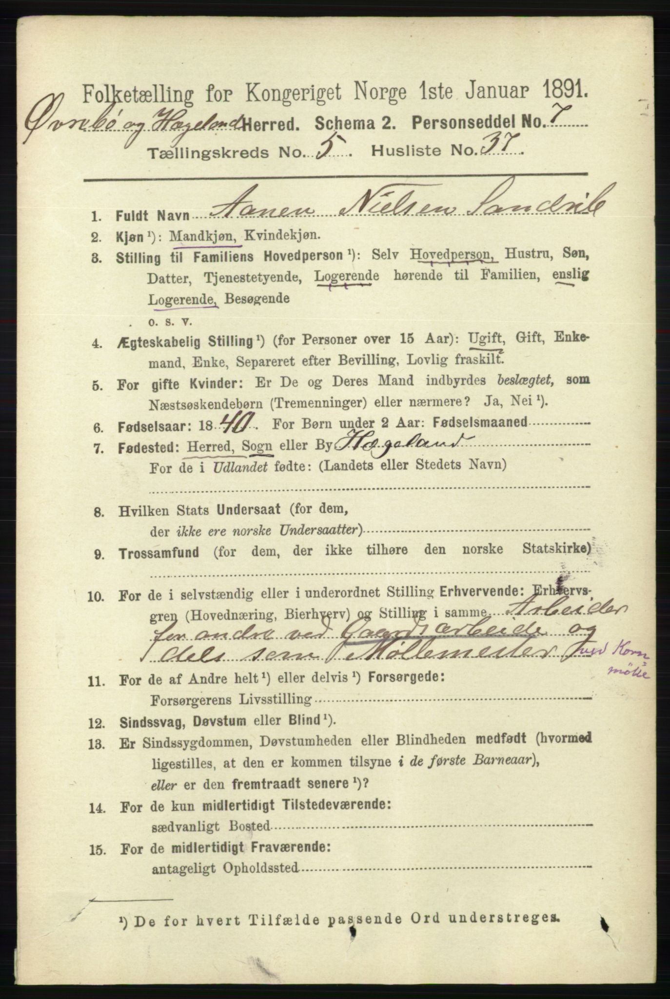 RA, 1891 census for 1016 Øvrebø og Hægeland, 1891, p. 1143