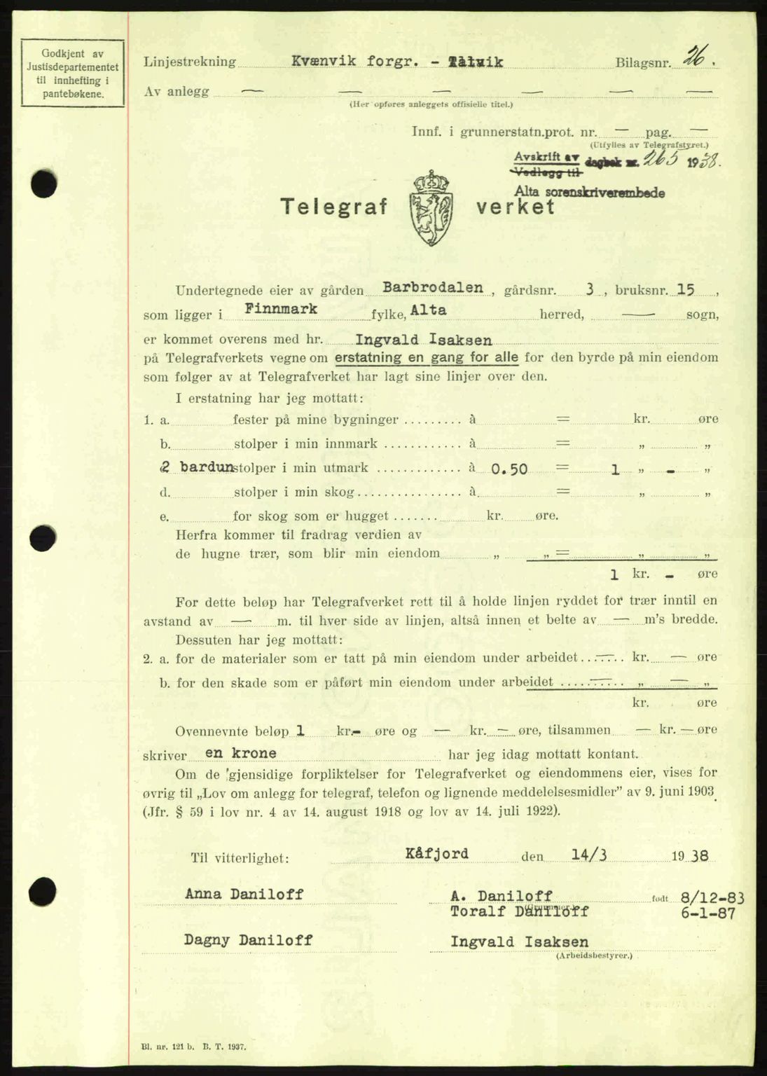 Alta fogderi/sorenskriveri, SATØ/SATØ-5/1/K/Kd/L0031pantebok: Mortgage book no. 31, 1938-1939, Diary no: : 265/1938