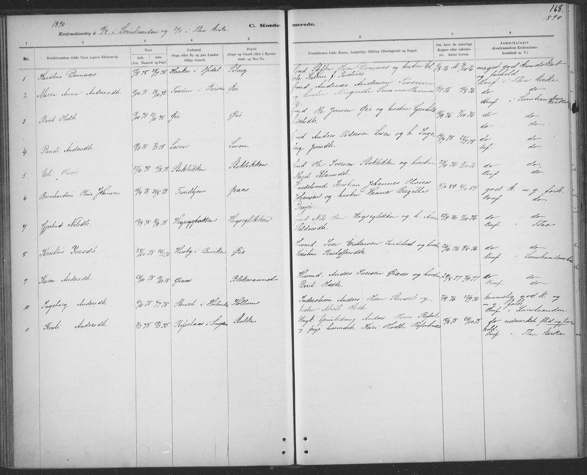 Ministerialprotokoller, klokkerbøker og fødselsregistre - Sør-Trøndelag, SAT/A-1456/691/L1085: Parish register (official) no. 691A17, 1887-1908, p. 168