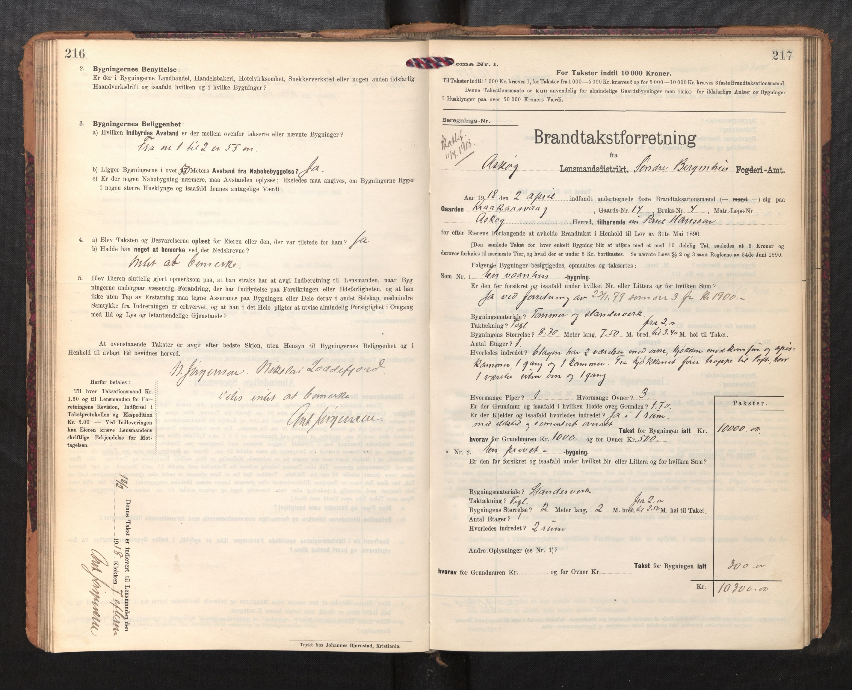 Lensmannen i Askøy, AV/SAB-A-31001/0012/L0007: Branntakstprotokoll, skjematakst, 1910-1919, p. 216-217