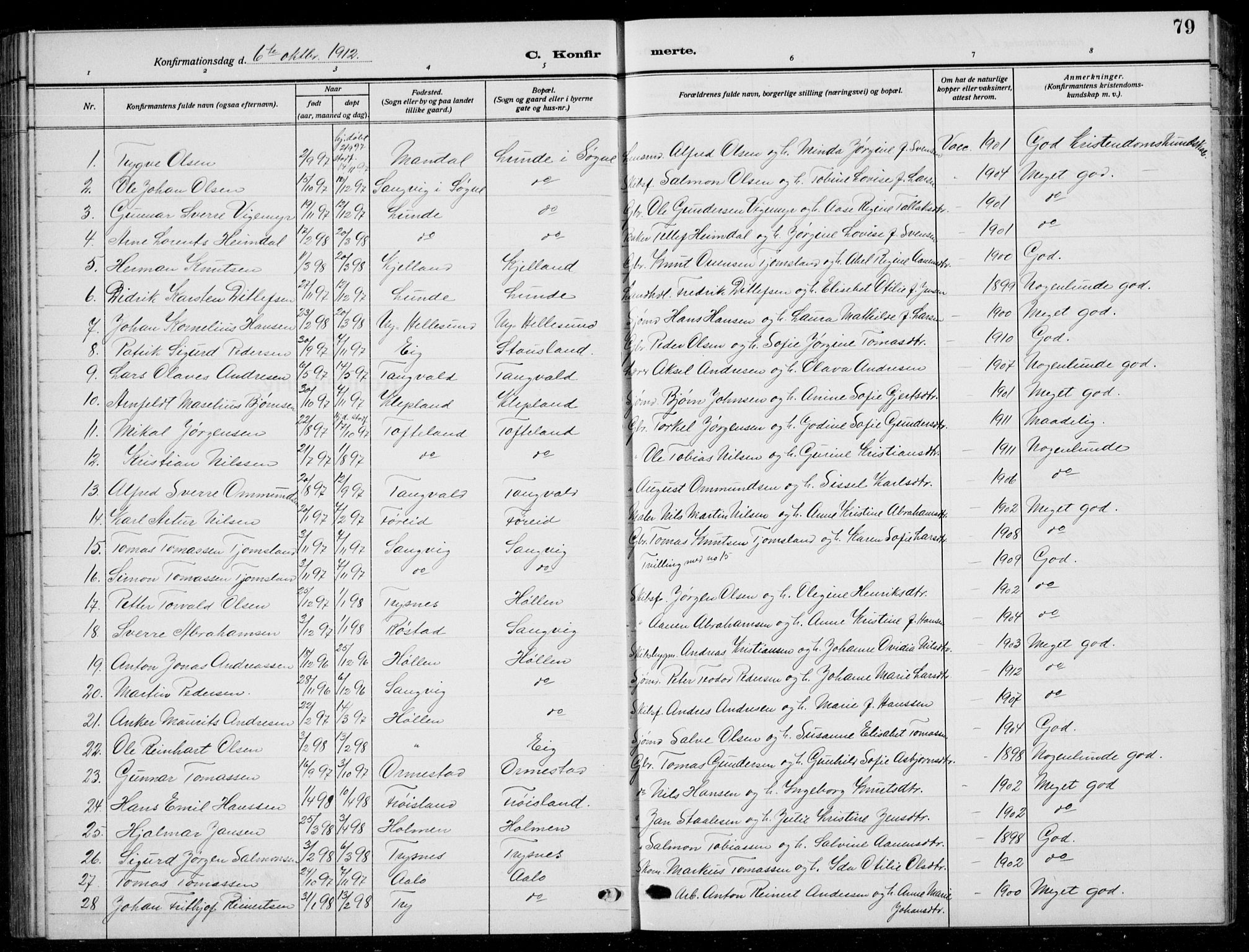 Søgne sokneprestkontor, SAK/1111-0037/F/Fb/Fbb/L0007: Parish register (copy) no. B 7, 1912-1931, p. 79