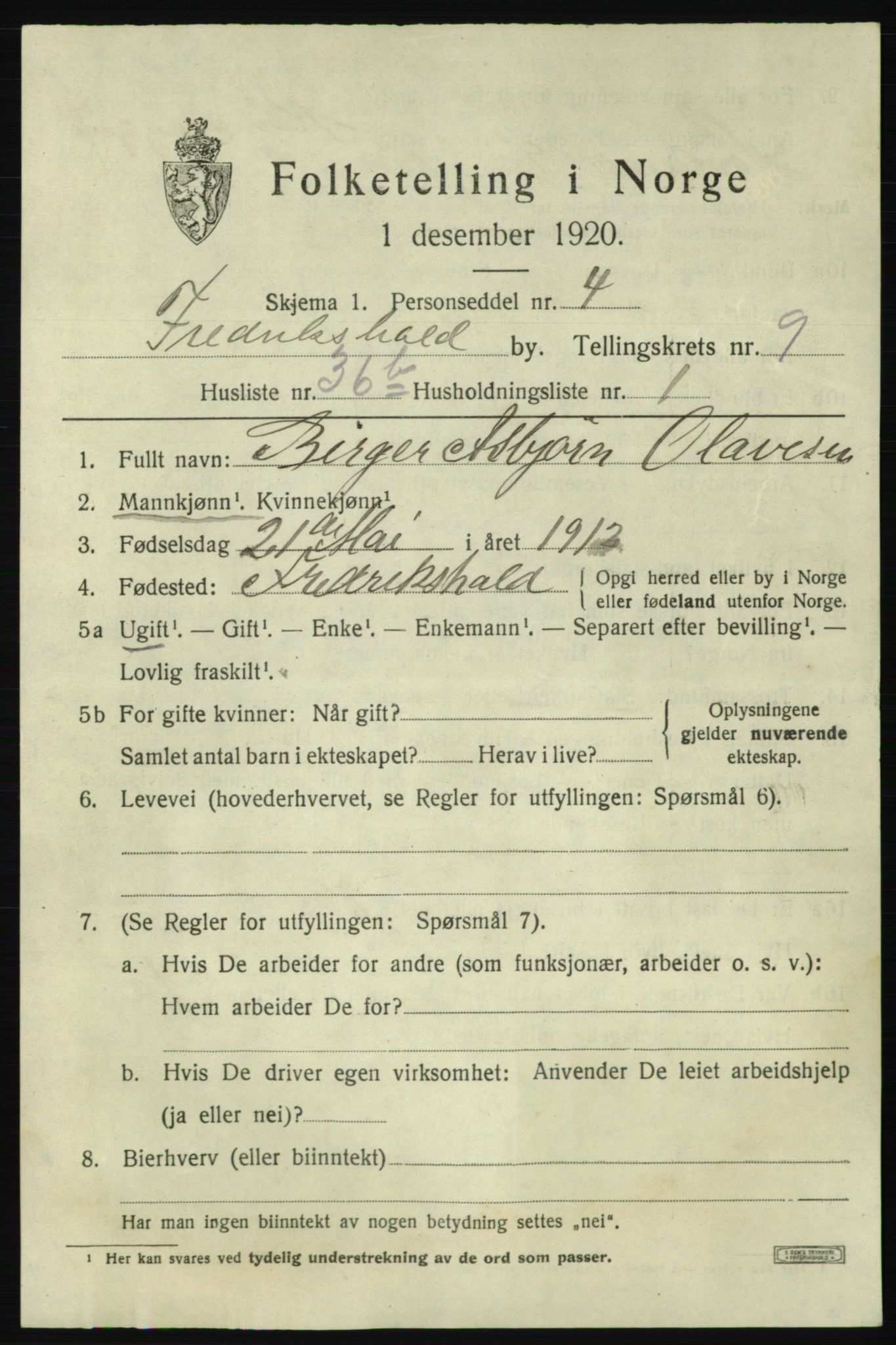 SAO, 1920 census for Fredrikshald, 1920, p. 16719