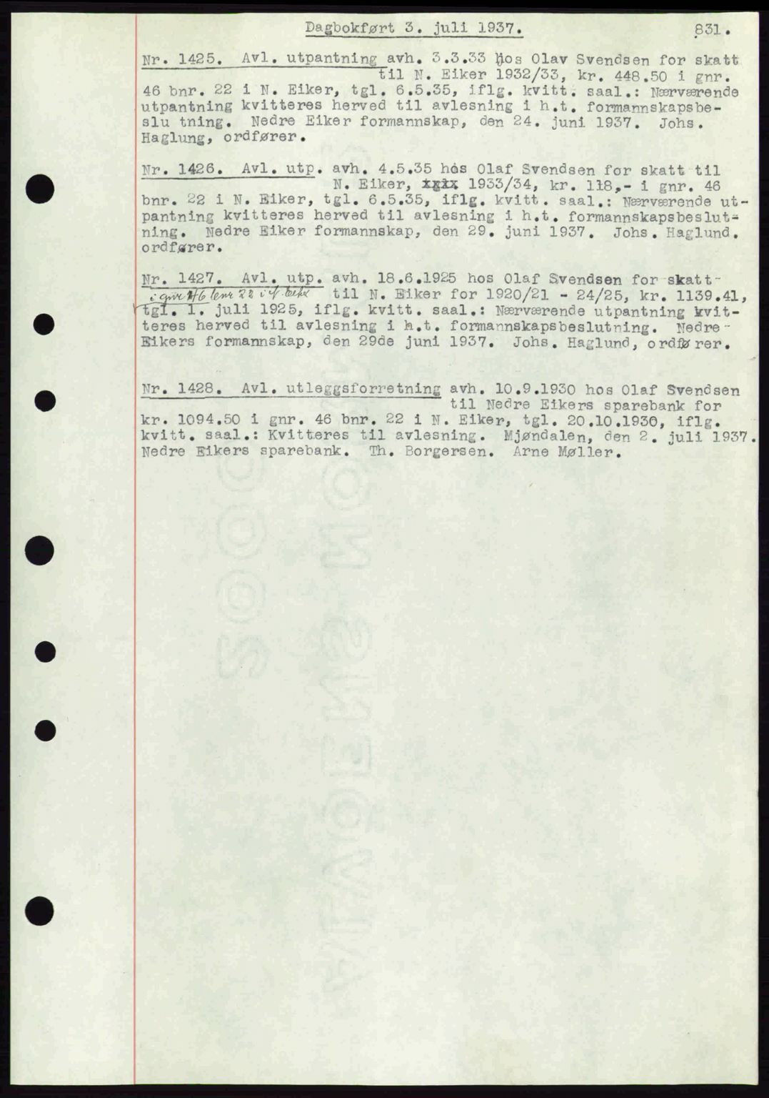 Eiker, Modum og Sigdal sorenskriveri, SAKO/A-123/G/Ga/Gab/L0035: Mortgage book no. A5, 1937-1937, Diary no: : 1425/1937