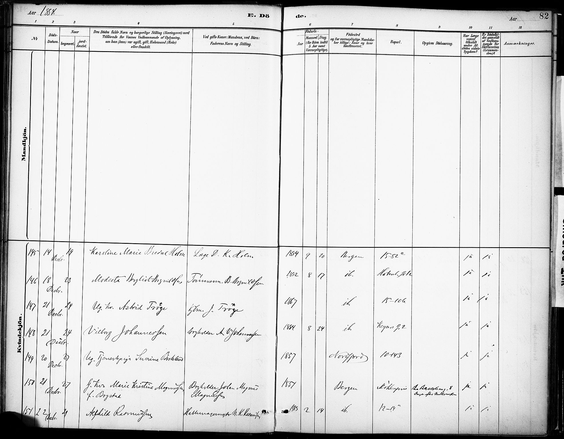 Domkirken sokneprestembete, AV/SAB-A-74801/H/Haa/L0043: Parish register (official) no. E 5, 1882-1904, p. 82