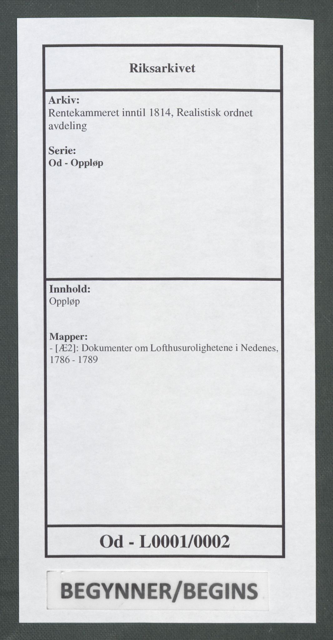 Rentekammeret inntil 1814, Realistisk ordnet avdeling, RA/EA-4070/Od/L0001/0002: Oppløp / [Æ2]: Dokumenter om Lofthusurolighetene i Nedenes, 1786-1789, p. 1