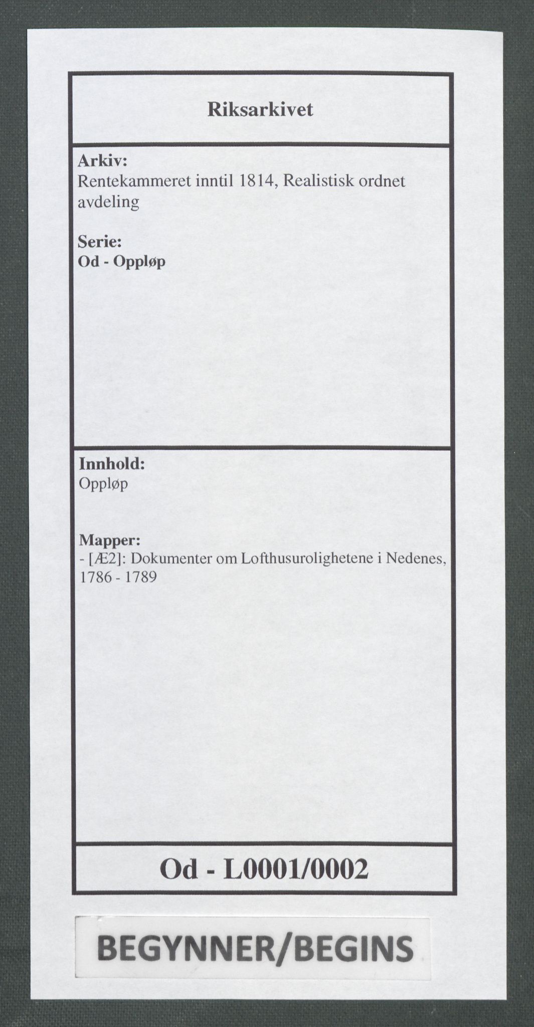 Rentekammeret inntil 1814, Realistisk ordnet avdeling, AV/RA-EA-4070/Od/L0001/0002: Oppløp / [Æ2]: Dokumenter om Lofthusurolighetene i Nedenes, 1786-1789, p. 1