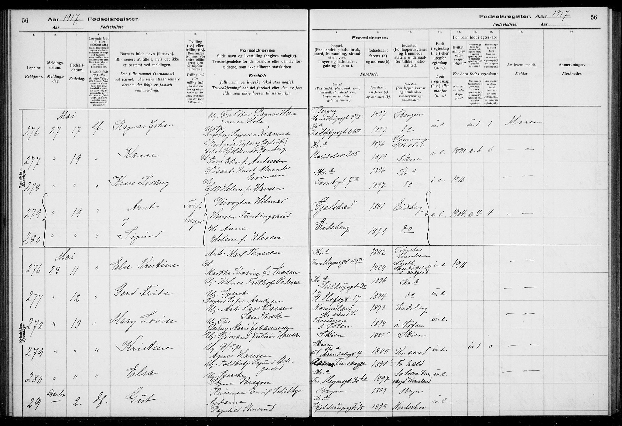 Rikshospitalet prestekontor Kirkebøker, AV/SAO-A-10309b/J/L0002: Birth register no. 2, 1917-1917, p. 56