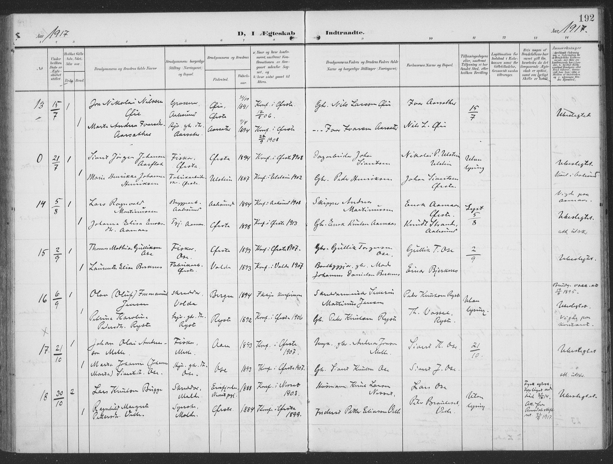 Ministerialprotokoller, klokkerbøker og fødselsregistre - Møre og Romsdal, AV/SAT-A-1454/513/L0178: Parish register (official) no. 513A05, 1906-1919, p. 192