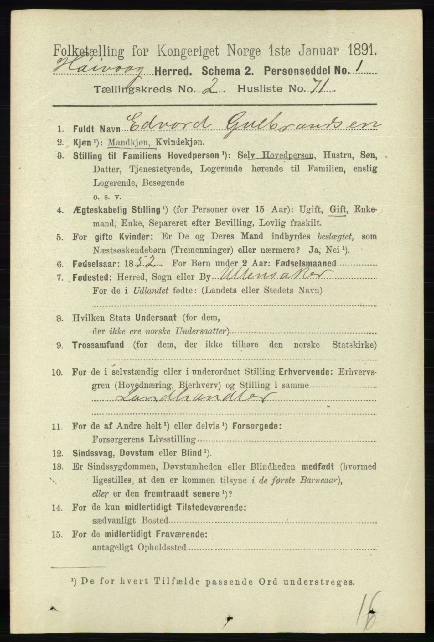 RA, 1891 census for 0927 Høvåg, 1891, p. 913