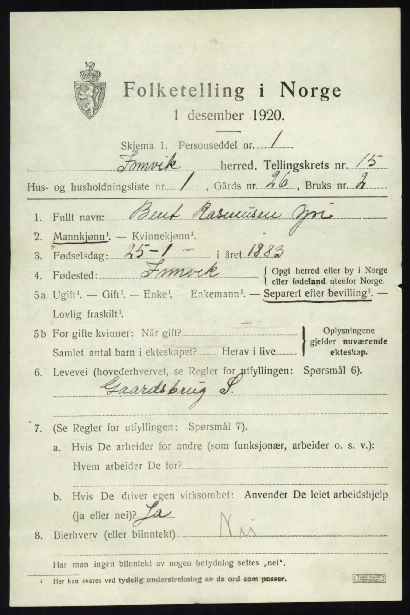 SAB, 1920 census for Innvik, 1920, p. 6113