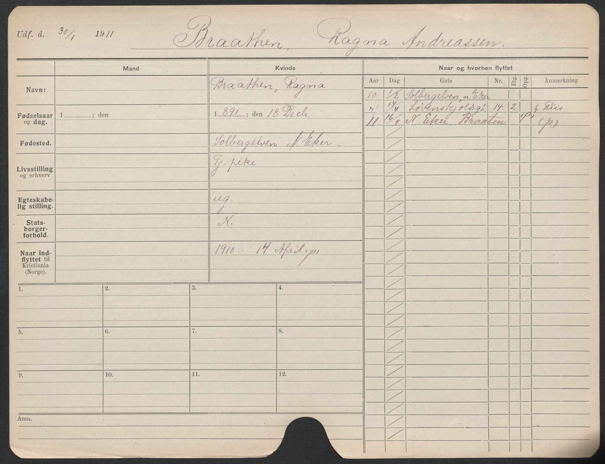 Oslo folkeregister, Registerkort, AV/SAO-A-11715/F/Fa/Fac/L0013: Kvinner, 1906-1914, p. 726a