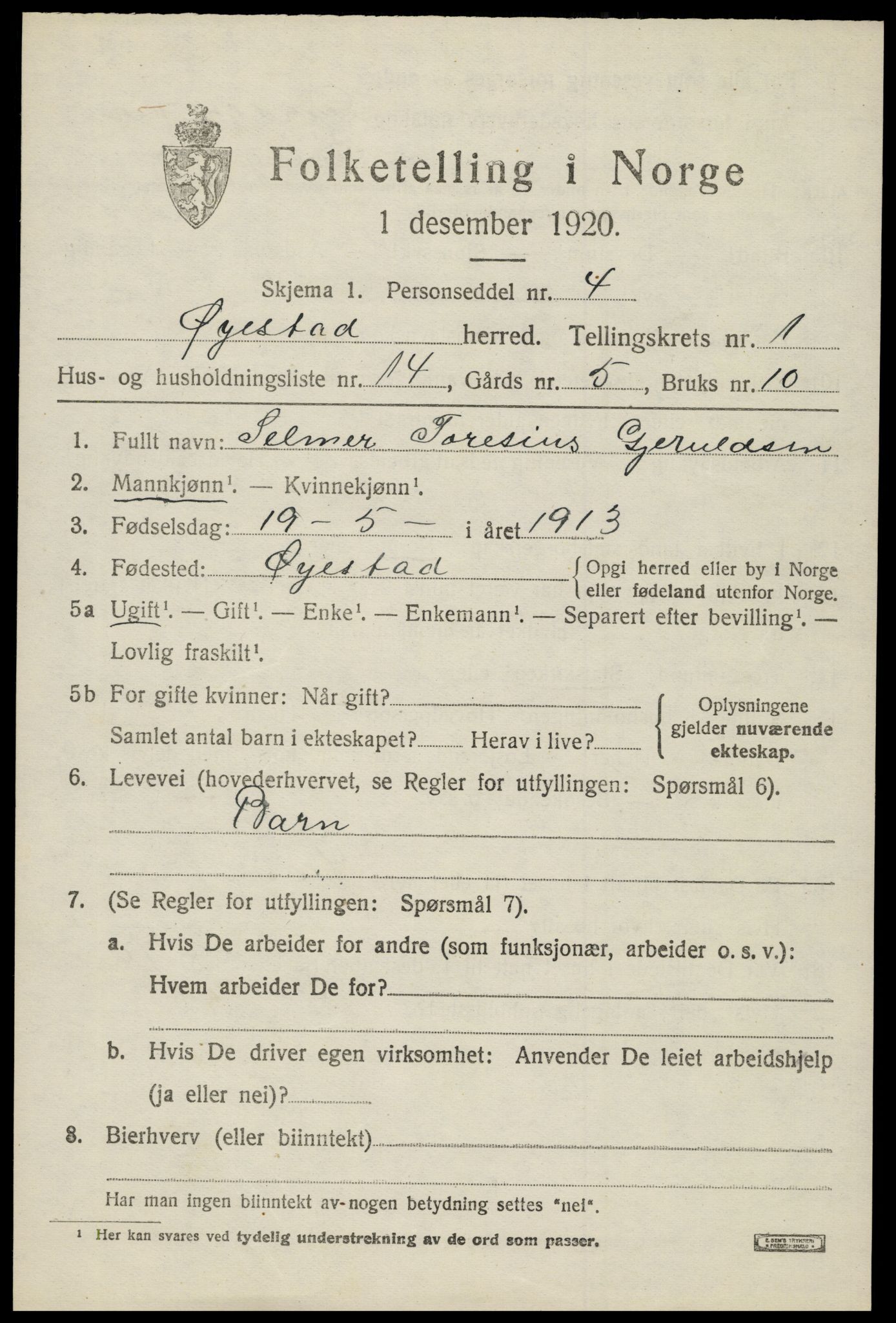 SAK, 1920 census for Øyestad, 1920, p. 1978