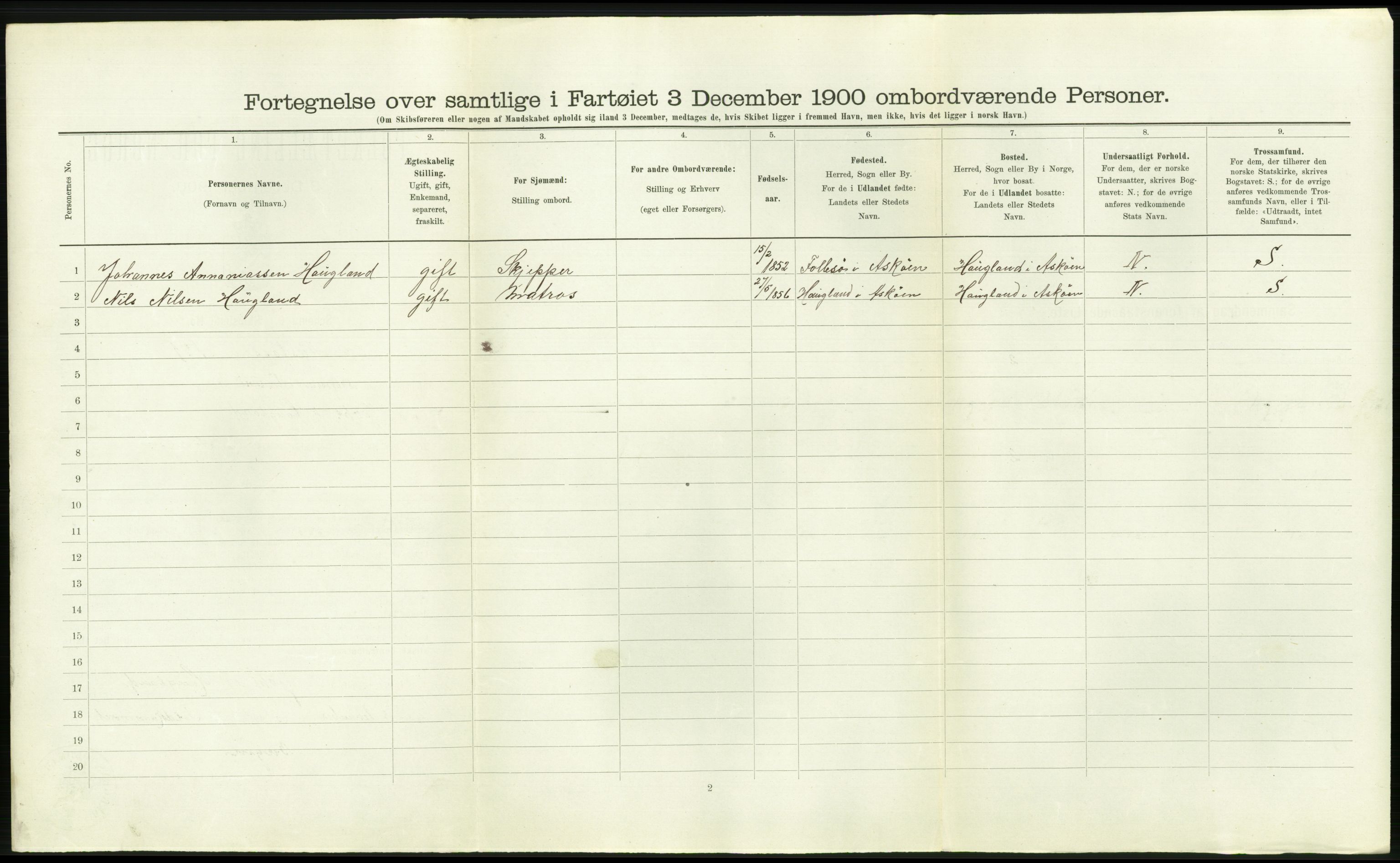 RA, 1900 Census - ship lists from ships in Norwegian harbours, harbours abroad and at sea, 1900, p. 1178