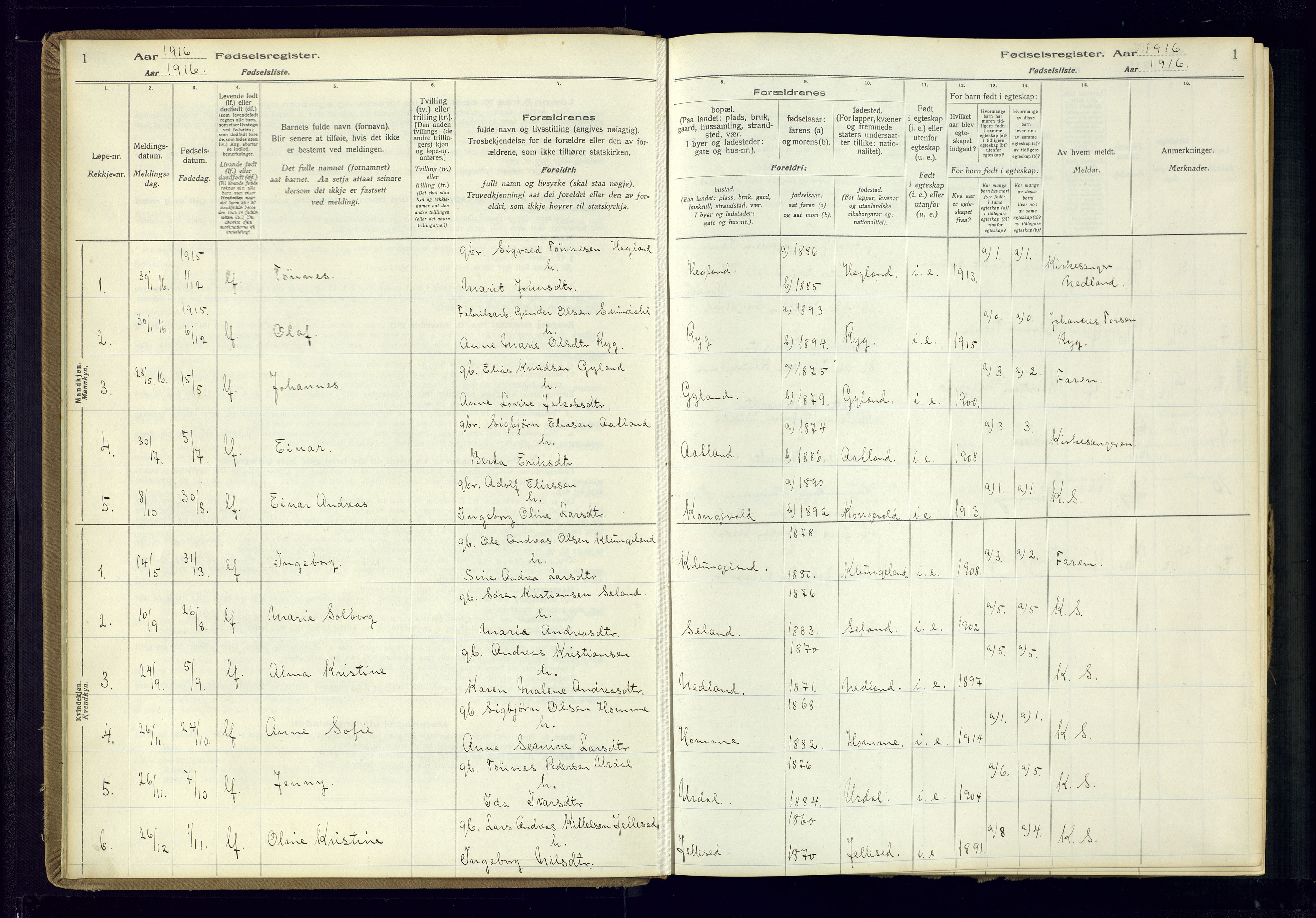 Bakke sokneprestkontor, SAK/1111-0002/J/Ja/L0002: Birth register no. A-VI-19, 1916-1982, p. 1