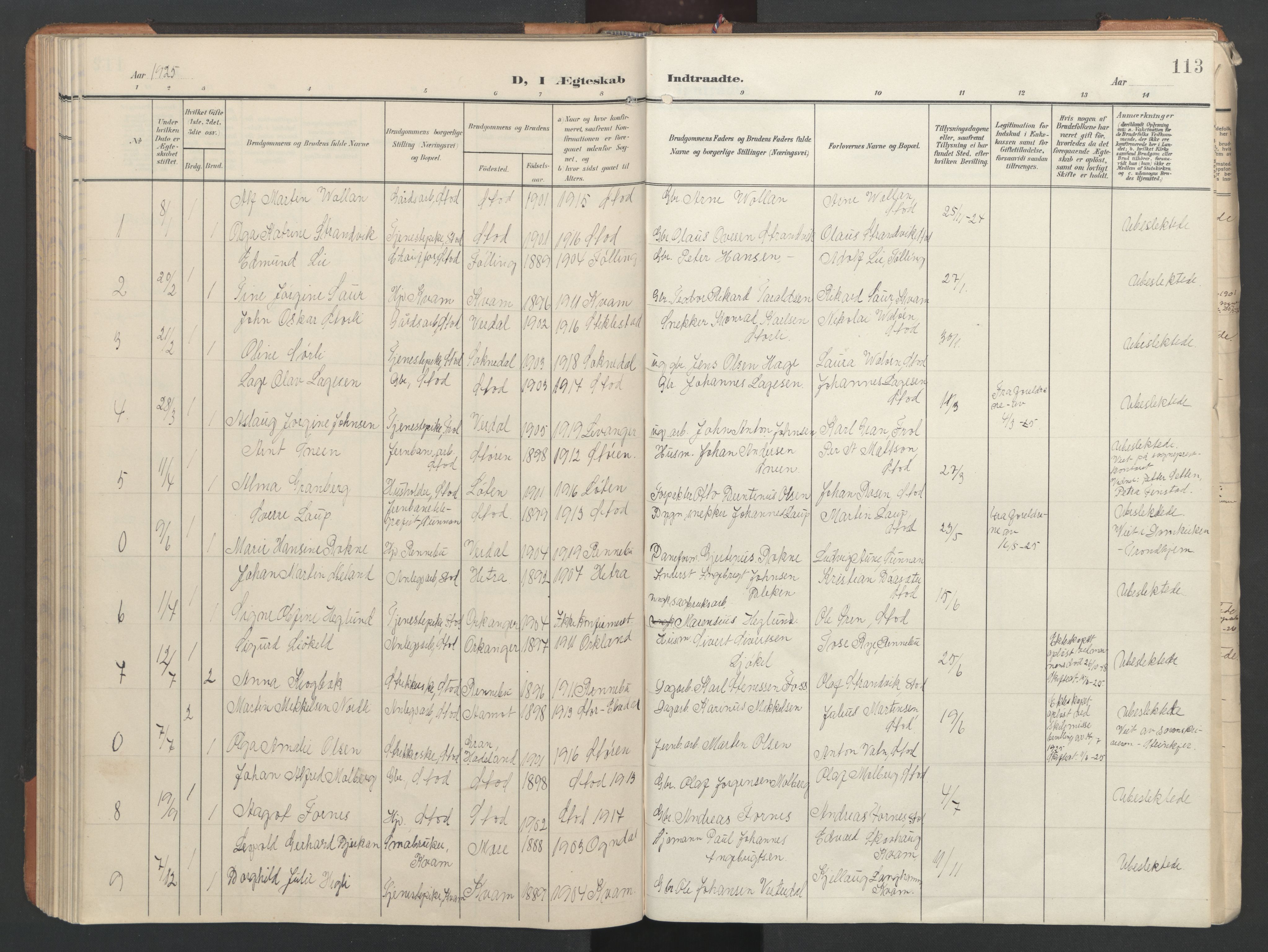 Ministerialprotokoller, klokkerbøker og fødselsregistre - Nord-Trøndelag, AV/SAT-A-1458/746/L0455: Parish register (copy) no. 746C01, 1908-1933, p. 113