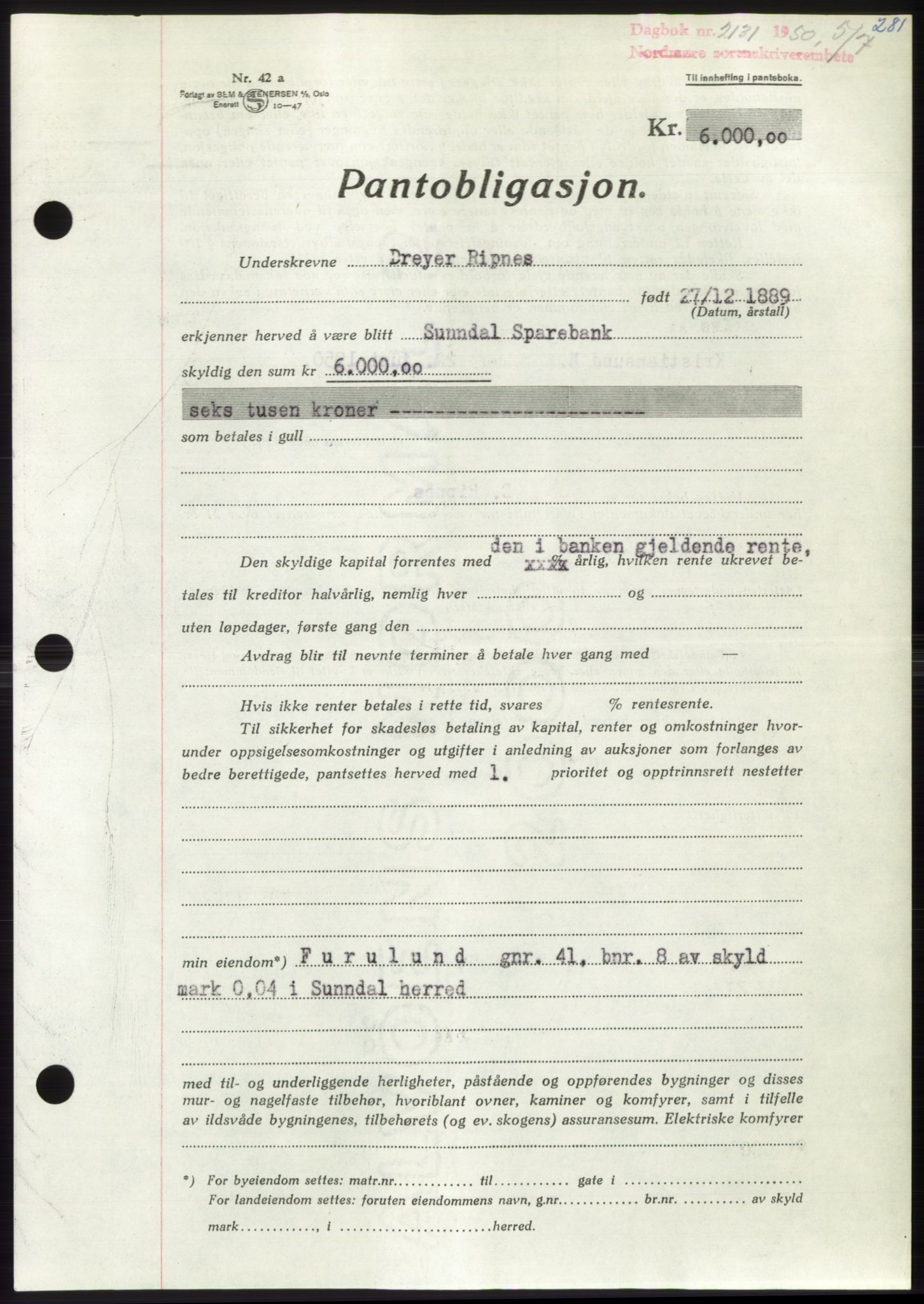 Nordmøre sorenskriveri, AV/SAT-A-4132/1/2/2Ca: Mortgage book no. B105, 1950-1950, Diary no: : 2131/1950