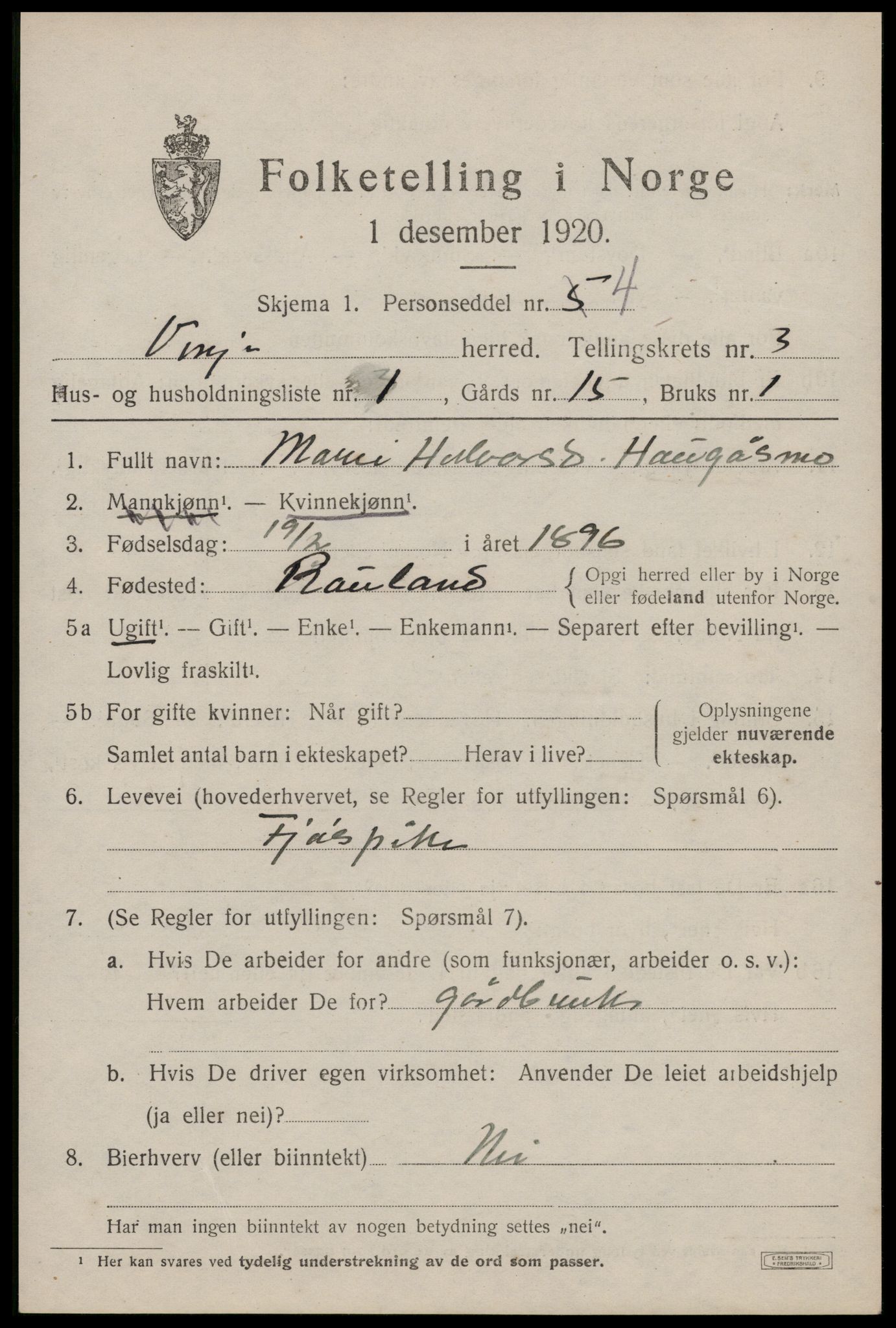 SAKO, 1920 census for Vinje, 1920, p. 1051