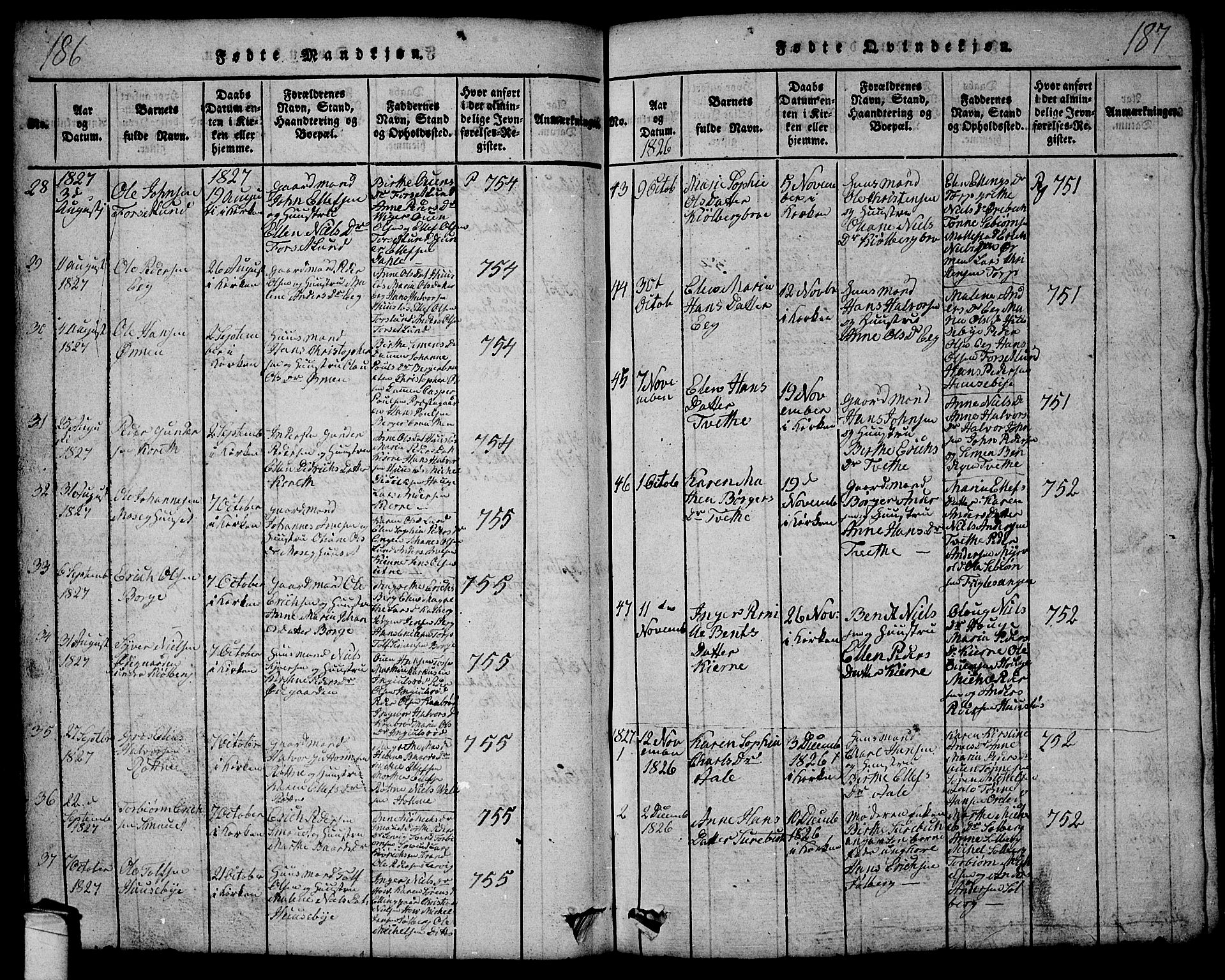 Onsøy prestekontor Kirkebøker, SAO/A-10914/G/Ga/L0001: Parish register (copy) no. I 1, 1814-1840, p. 186-187